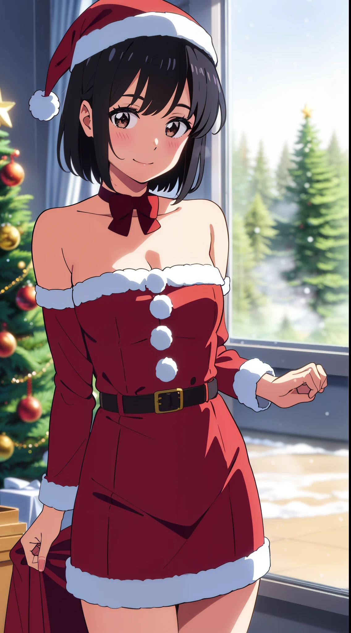 shinkai makoto, kimi no na wa., 1girl, 1boy, bangs, black hair, blush, bright eyes, brown eyes, looking at the viewer, red bow, red headband, red ribbon, short hair, indoors, shiny skin, smile, cute, love, couple, adorable, happy, beautiful, parfect anatomy, perfect hands, Christmas tree, Santa Claus costume, Sweet face, girl with red christmas dresses, Against the background of winter scenery, perfect hands, snow, steam, dating, indoors, classroom, christmas decoration