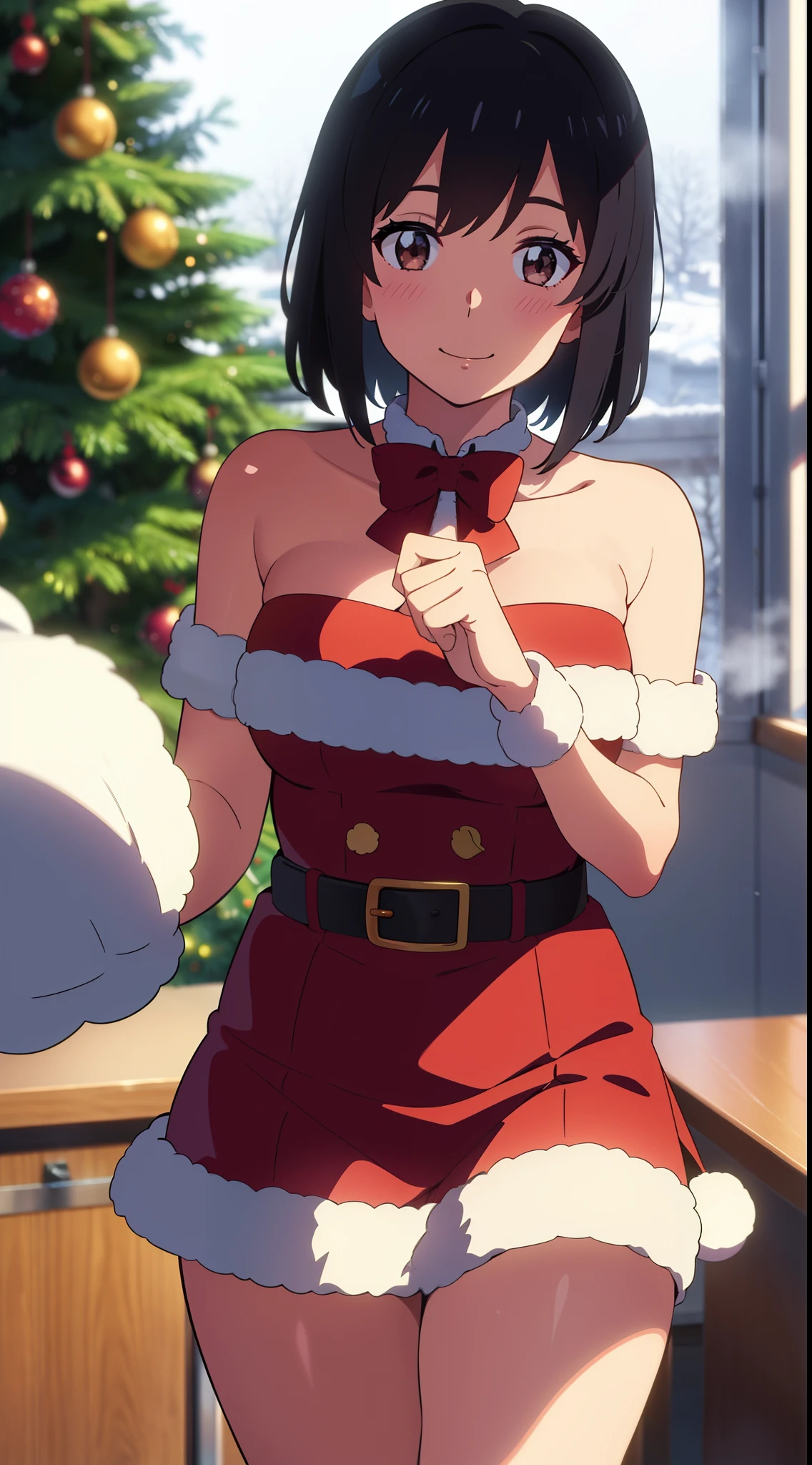 shinkai makoto, kimi no na wa., 1girl, 1boy, bangs, black hair, blush, bright eyes, brown eyes, looking at the viewer, red bow, red headband, red ribbon, short hair, indoors, shiny skin, smile, cute, love, couple, adorable, happy, beautiful, parfect anatomy, perfect hands, Christmas tree, Santa Claus costume, Sweet face, girl with red christmas dresses, Against the background of winter scenery, perfect hands, snow, steam, dating, indoors, classroom, christmas decoration