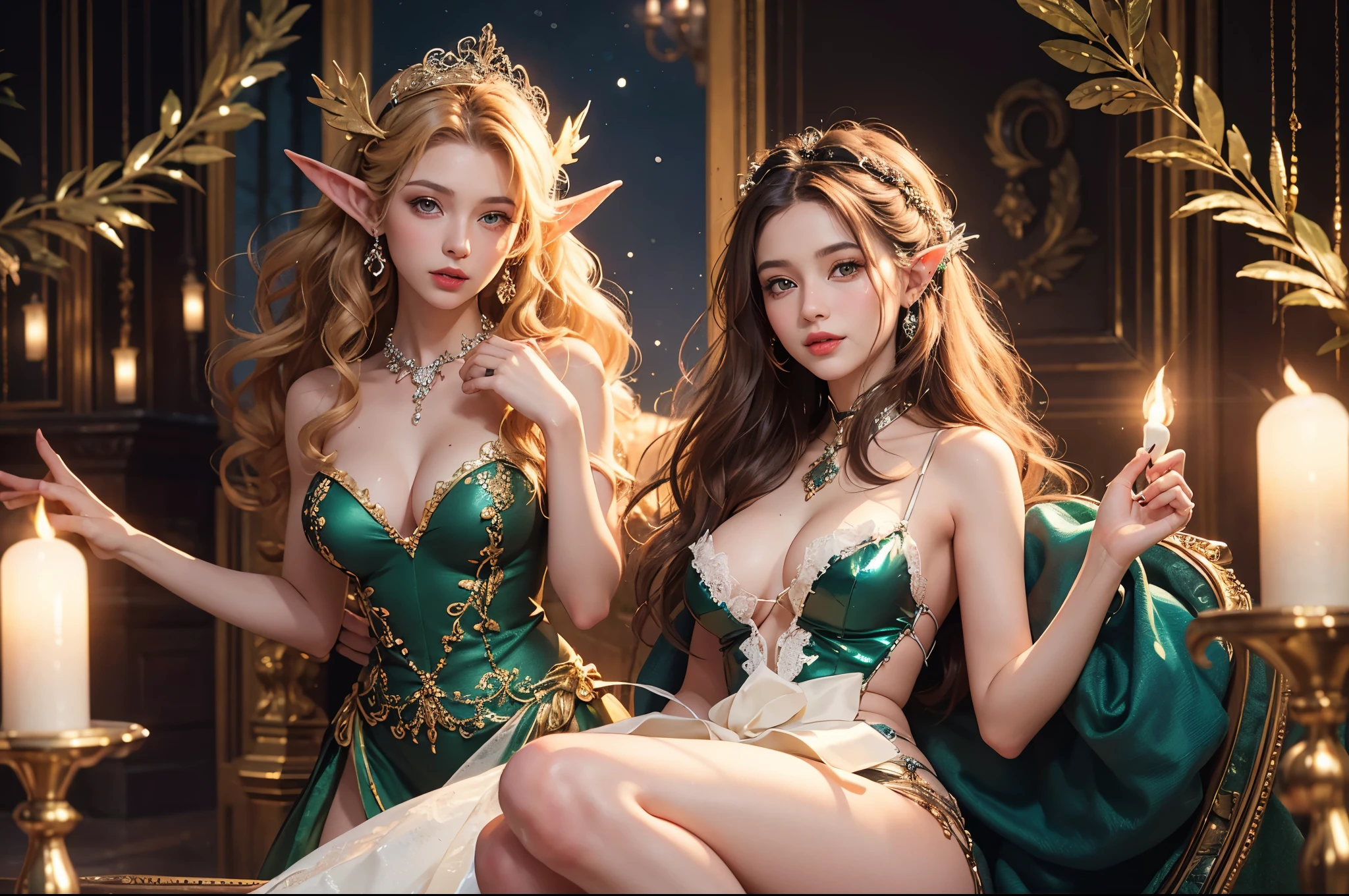 (best quality,4k,highres,masterpiece:1.2),ultra-detailed,realistic:1.37,erotic,chic(sexy:1.1,attractive:1.1),celebrity,translucent Christmas elf costume,mysterious,Paris Hilton(flirting,flirty),Christmas decorated room,gifts wrapped in bright colors,full body shot,family friendly vibe,colorful lighting,curved staircase,enchanted mood,vibrant and festive atmosphere,fairy lights,dazzling sparkles,ornate decorations,exquisite detailing,romantic setting,warm fireplace cameo,playful expressions,natural curls cascading down her back,elegant posture,captivating gaze,dainty pointed elf ears,tease,charming,youthful radiance,mischievous smile,delicate lace trim,ornamental hair accessories,feather-like wings,naughty but nice,whisper of innocence in her eyes,delightfully mischievous atmosphere,alluring,intriguing,teasing glances,airy and ethereal,elf-like grace,radiant glow of joy,effortless beauty,glamorous,enchanted glance,spellbinding presence,dreamy,chic Parisian flair,sensual yet elegant pose,subtle sensuality,dazzling contrast,subdued colors with pops of red and green,velvet texture,glamorous rendezvous,magical ambiance,airy and light-hearted,irresistible charm,joyful and festive spirit,divine aura,mesmerizing allure,flirtatious banter,sparkling eyes,breathtaking composition,vibrant energy,effervescent beauty.