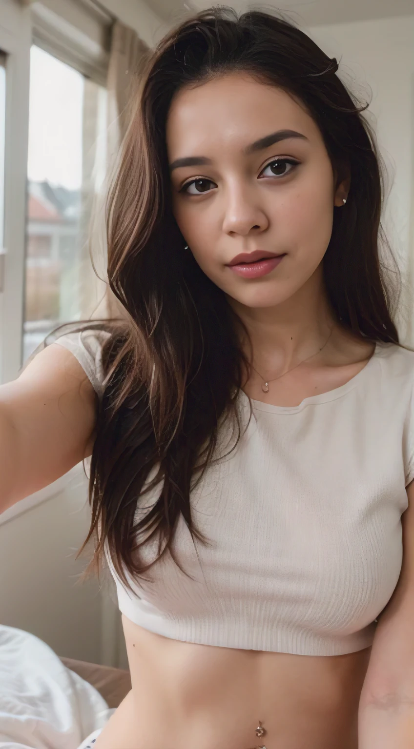 Generate a selfie prompt with the following details: a girl with big lips, long messy hair, wearing a cute top, pajamas, and a belly button ring. The girl should have beautiful hair and appear sad, with a combination of licking her lips, crying, and a sexy expression.