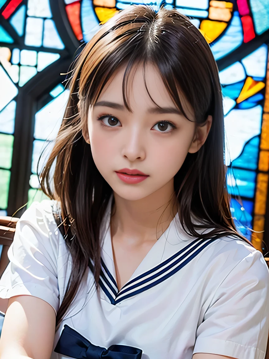 (((Draw only one woman: 2))), Beautiful 18 year old Japan woman, (A high school girl wearing a sailor uniform with short sleeves and a ribbon: 1.5), (Japan strict girls' school sailor uniform), ( High school girl sitting in the church pew: 1.2), (Beautiful and elaborate stained glass on the background: 1.5), ((1screen)), in 8K, RAW shot, top quality photo, masutepiece, Amazing realism photos, (lighting like a movie:1.5), ((Anatomically correct proportions: 1.5)), ((perfectly proportions)), Cute woman like an idol in Japan, Detailed face, Detailed eyes, Narrow Nose, Detailed skin, (Beautiful long hair: 1.5), ((portlate:1.8)), ((facial close-up:1.8)), ssmile  (Angle from the side)