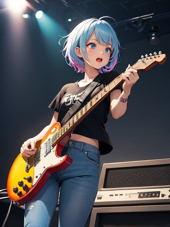 Punk musician girl, cool and cute, wearing rough aggressive cut and sewn with metal studs, skull designed outfit, torn denim shorts, electric guitar, flying V,  singing a loud voice, opened mouth, extra short hair, shaggy hair, multi color hair, glossy pierces, medium large breast, tattoo on abdomen near by her navel, slim curve