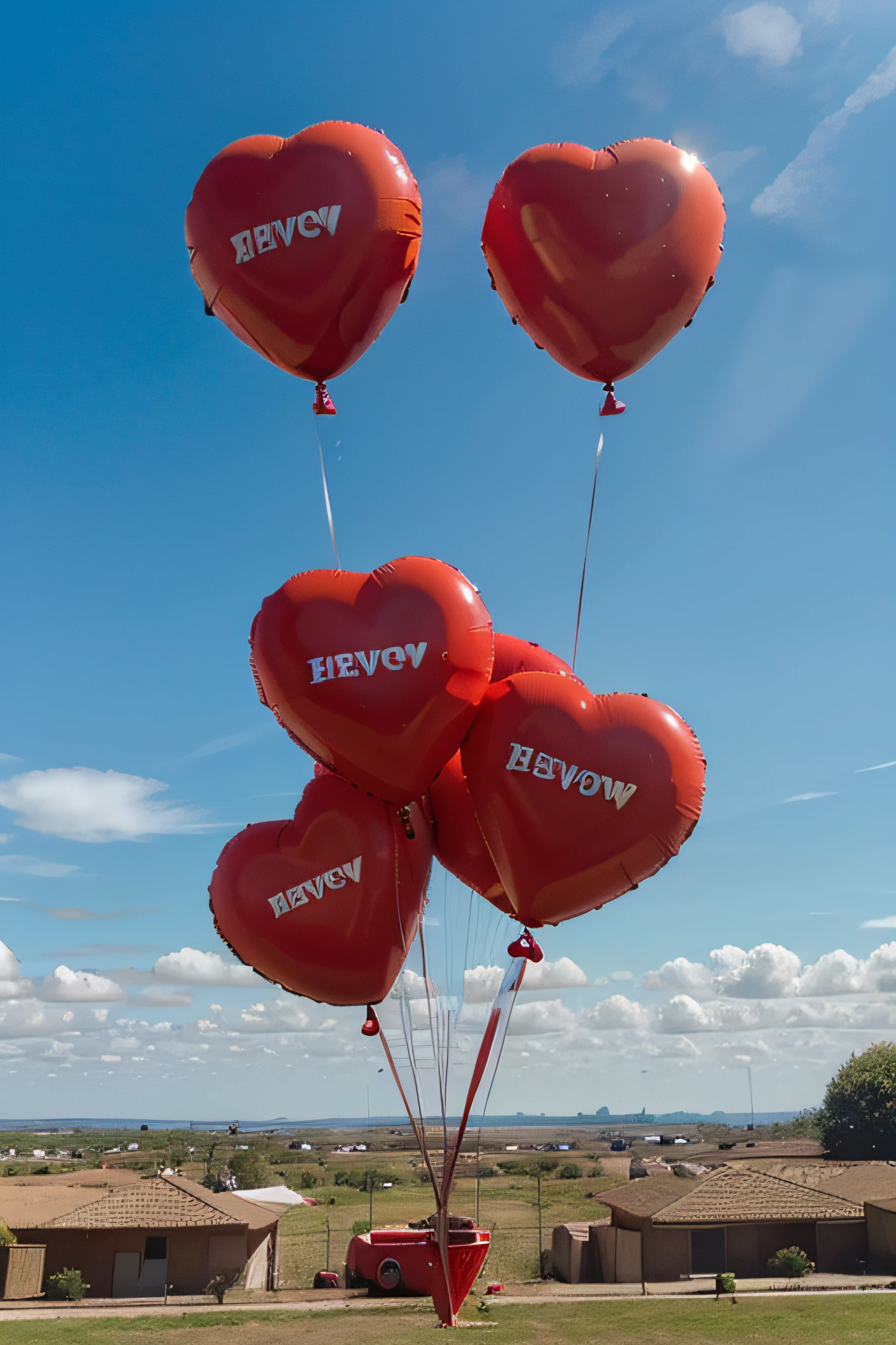 several red heart-shaped balloons against a clear blue sky in the background