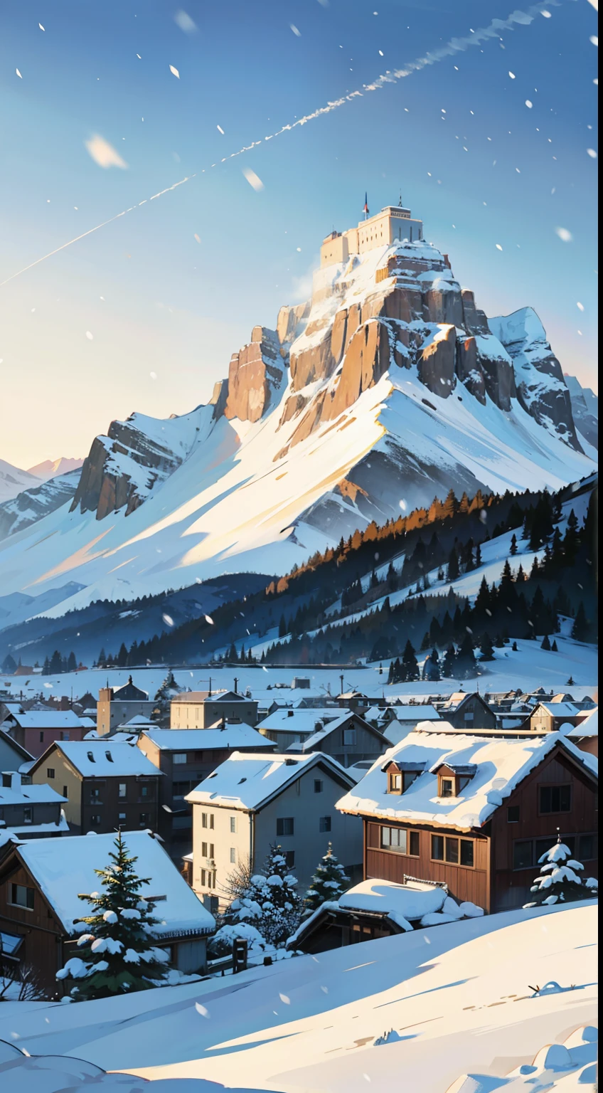 City in snow,snowing, grass,montain