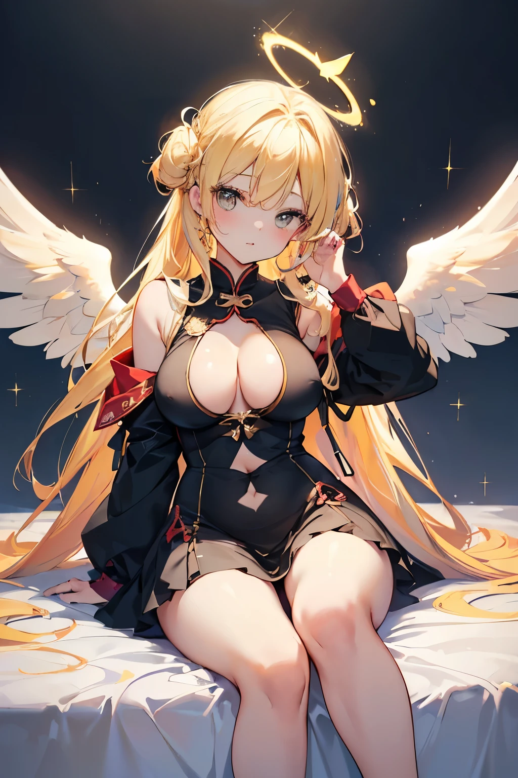 with her mouth open,(kisseest quality at best, extremely detaile,1个Giant Breast Girl,Beautiful girl with yellow hair，A lazy and doting expression，有巨The large的洁白色天使羽翼，angelic halo，Looks like a age girl，sit or lie on bed，The painting style is more two-dimensional, The large, Wearing tight-fitting clothes，Highlight and hip lines，High fork，The outline is clearly discernible，stiff nipple