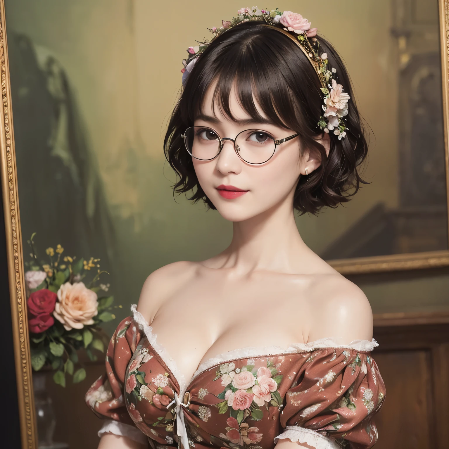 138
(a 20 yo woman,draw a self-portrait), (A hyper-realistic), (high-level image quality), ((beautiful hairstyle 46)), ((short-hair:1.46)), (Gentle smile), (breasted:1.46), (lipsticks), (wears glasses,wide,a room), (florals), (an oil painting、Rembrandt)