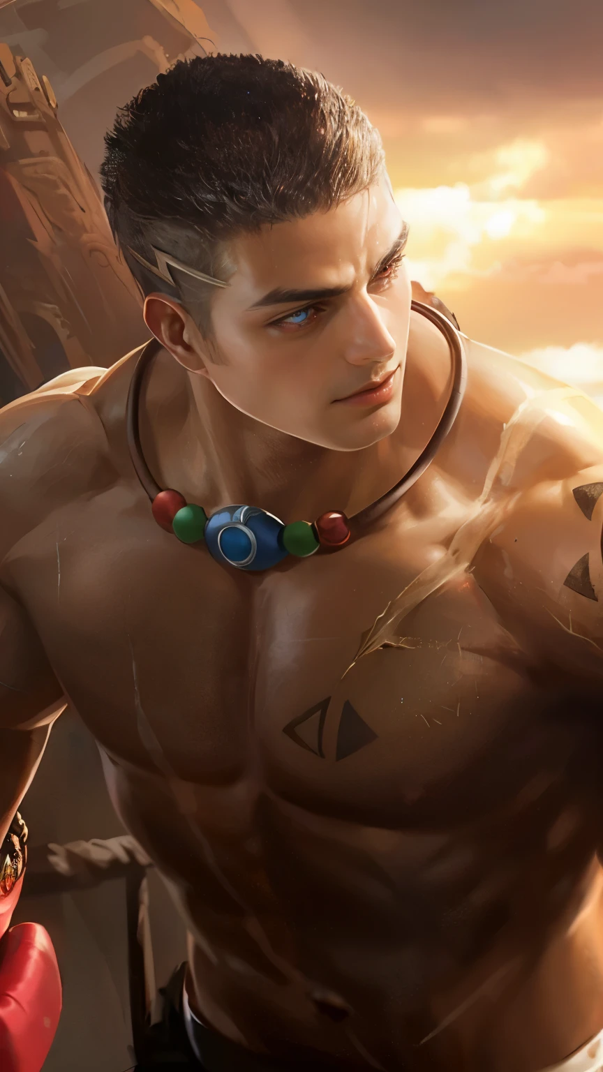 Best quality, masterpiece, detailed skin texture, detailed clothes texture, detailed face, super detail, 8k, intricate detail, 1 boy, The color doesn't change, Muscle guy, 1 guy, strong red eye glow (red eye:1.2), lots hair