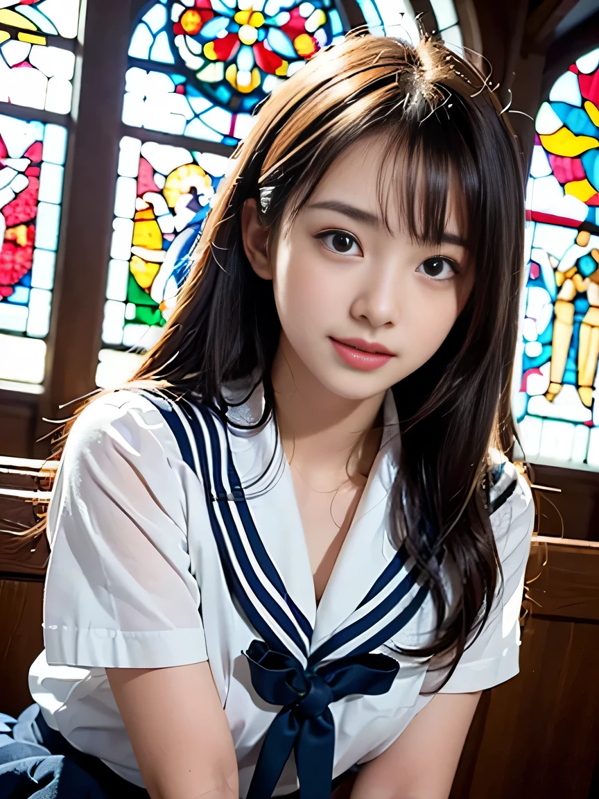 (((Draw only one woman: 2))), Beautiful 18 year old Japan woman, (A high school girl wearing a sailor uniform with short sleeves and a ribbon: 1.5), (Japan strict girls' school sailor uniform), ( High school girl sitting in the church pew: 1.2), (Beautiful and elaborate stained glass on the background: 1.5), ((1screen)), in 8K, RAW shot, top quality photo, masutepiece, Amazing realism photos, (lighting like a movie:1.5), ((Anatomically correct proportions: 1.5)), ((perfectly proportions)), Cute woman like an idol in Japan, Detailed face, Detailed eyes, Narrow Nose, Detailed skin, (Beautiful long hair: 1.5), (portlate:1.5), (facial close-up:1.5), Side angle of smiling face