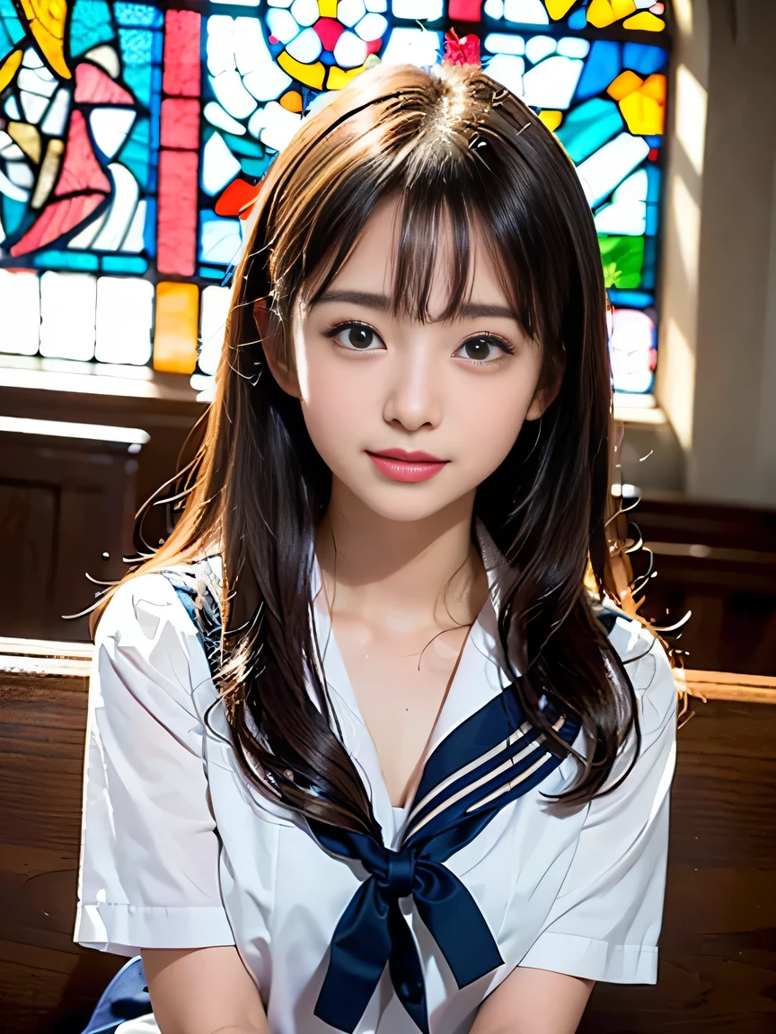 (((Draw only one woman: 2))), Beautiful 18 year old Japan woman, (A high school girl wearing a sailor uniform with short sleeves and a ribbon: 1.5), (Japan strict girls' school sailor uniform), ((Body-fitting sailor suit:1.5)), ( High school girl sitting in the church pew: 1.2), (Beautiful and elaborate stained glass on the background: 1.5), ((1screen)), in 8K, RAW shot, top quality photo, masutepiece, Amazing realism photos, (lighting like a movie:1.5), ((Anatomically correct proportions: 1.5)), ((perfectly proportions)), (Cute woman like an idol in Japan:1.5), Detailed face, Detailed eyes, Narrow Nose, Detailed skin, (Beautiful long hair: 1.5), (Transparent bangs:1.5), {{facial close-up:2.0}}, (ssmile:1.2), (Angle from the side:1.2)