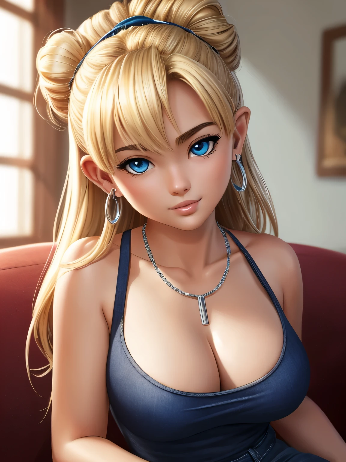 ((ultra quality)), ((tmasterpiece)), gnome girl, Short stature, ((blonde woman, hairlong)), (silver ear rings), (silver necklace around the neck), (Beautiful cute face), (beautiful female lips), Charming, ((sexy facial expression)), is looking at the camera, eyes are slightly closed, (Skin color: white), Body glare, ((detailed beautiful female eyes)), ((dark blue eyes)), (juicy female lips), (beautiful female hands), (A bit full figure, bun), ((perfect female figure)), perfect female body, Beautiful waist, Gorgeous hips, Beautiful medium breasts, ((Subtle and beautiful)), sitting seductively on the sofa (close-up of the face), (wearing blackface jeans, white tanktop) background: in a house, ((Depth of field)), ((high quality clear image)), (crisp details), ((higly detailed)), Realistic, Professional Photo Session, ((Clear Focus)), the anime