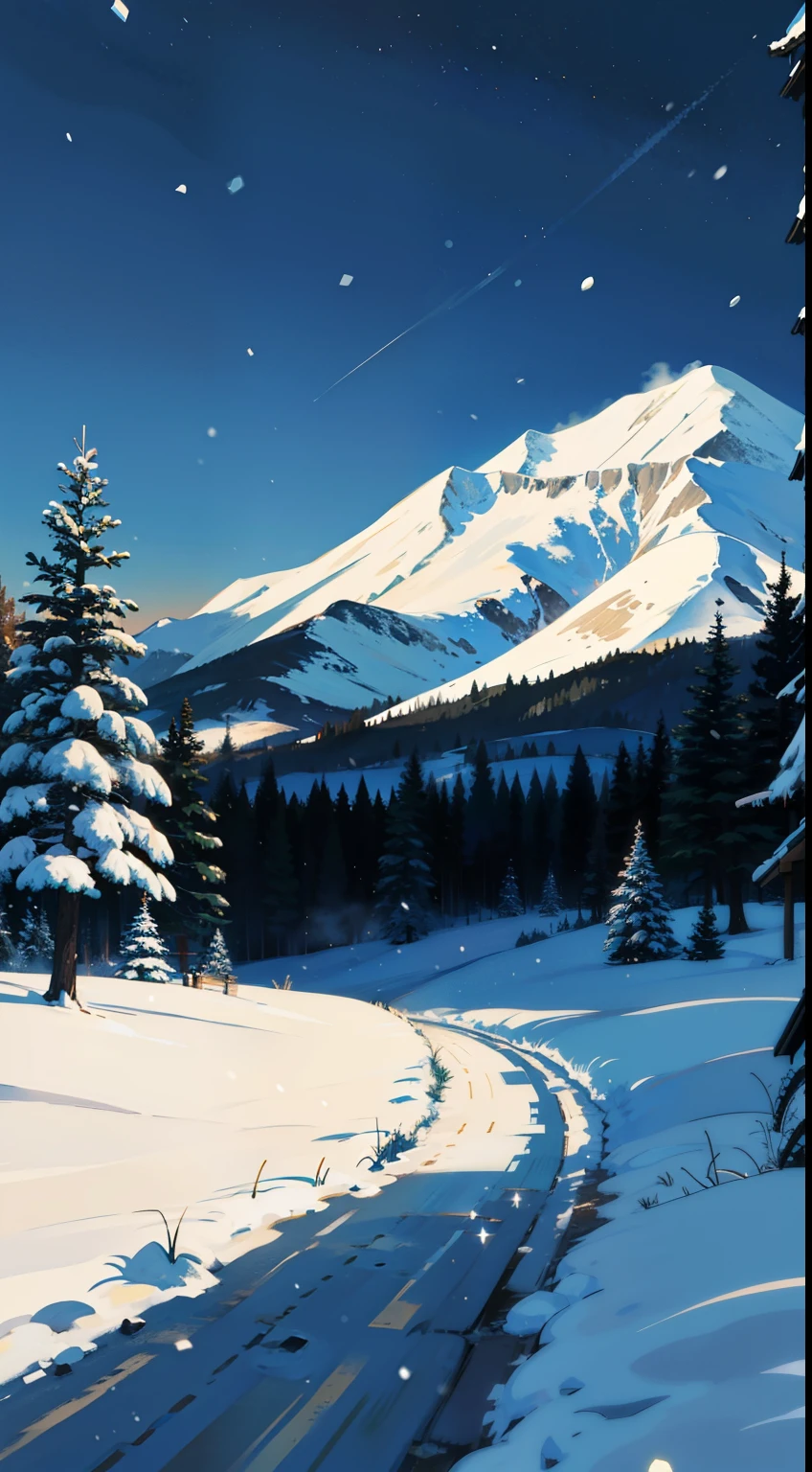 in snow,snowing, grass,montain,night