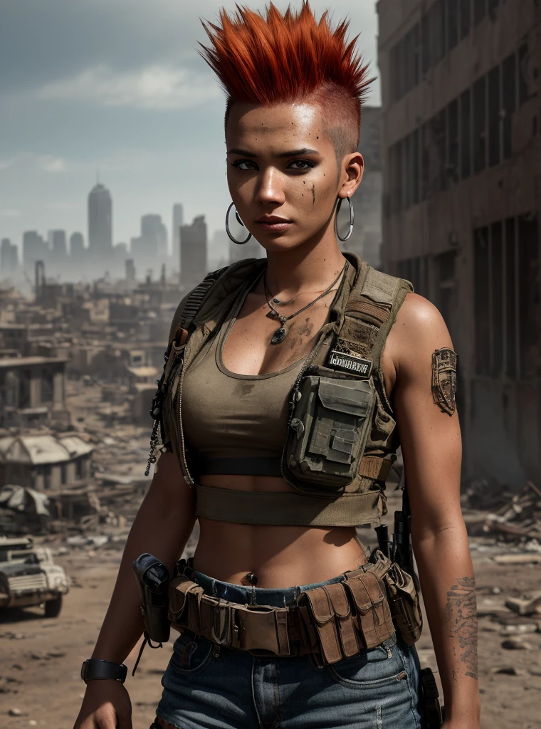 a close up portrait photo of 23 y.o woman in dirty wastelander clothes, survivor, war, postapocalyptic, red hair, mohawk, military haircut, scarred dirty face, filipina, mixed, asian features, asian eyes, bandolier, ammo, canteen, ammo pouch, knife, holster, tech jacket, walkie talkie, torn tank top underneath, light brown skin, slim body, piercing eyes, tank commander, background is city ruins, gritty post-apocalyptic background, (high detailed skin:1.2), 8k uhd,dslr,soft lighting,high quality