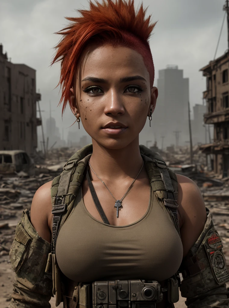 a close up portrait photo of 23 y.o woman in dirty wastelander clothes, survivor, war, postapocalyptic, red hair, mohawk, military haircut, scarred dirty face, filipina, mixed, asian features, asian eyes, bandolier, ammo, canteen, ammo pouch, knife, holster, tech jacket, walkie talkie, torn tank top underneath, light brown skin, slim body, piercing eyes, tank commander, background is city ruins, gritty post-apocalyptic background, (high detailed skin:1.2), 8k uhd,dslr,soft lighting,high quality