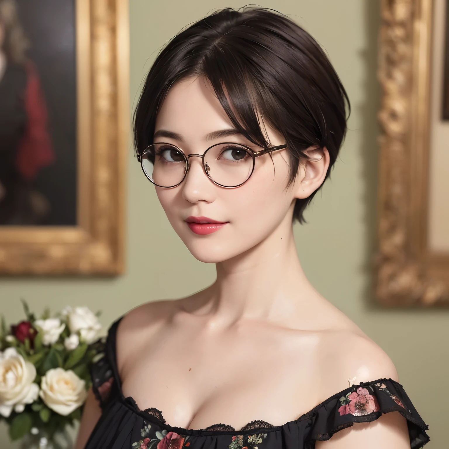 138
(a 20 yo woman,draw a self-portrait), (A hyper-realistic), (high-level image quality), ((beautiful hairstyle 46)), ((short-hair:1.46)), (Gentle smile), (breasted:1.46), (lipsticks), (wears glasses,wide,a room), (florals), (an oil painting、Rembrandt)