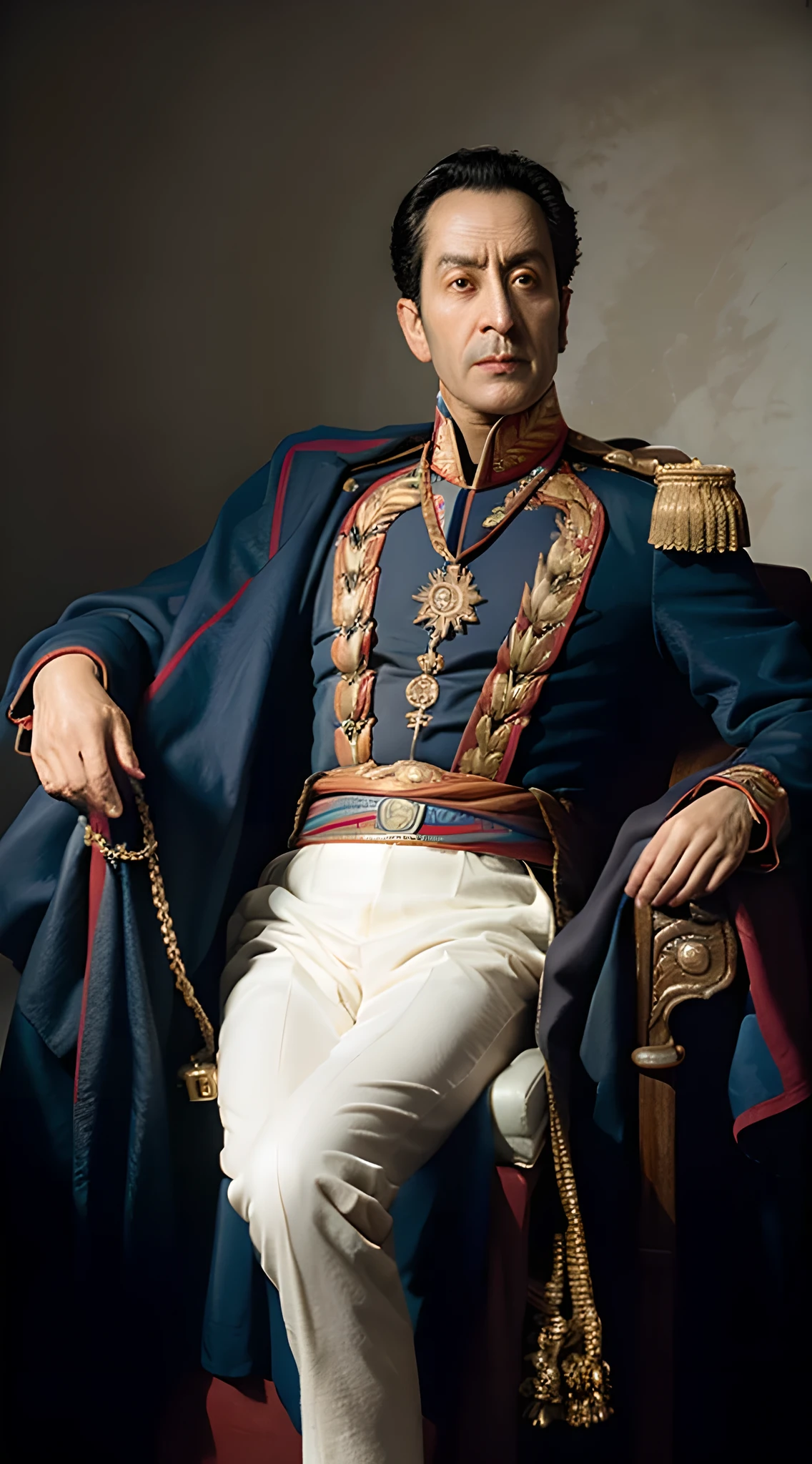 ultra resolucion, Ultra HD, Calidad total, Foto RAW de simonbolivar, cabello negro, Sentado, medalla, Costumbre militar, espada, Antiguo asiento ornamental en la parte trasera, 8k, ((Obra maestra)) frown teach