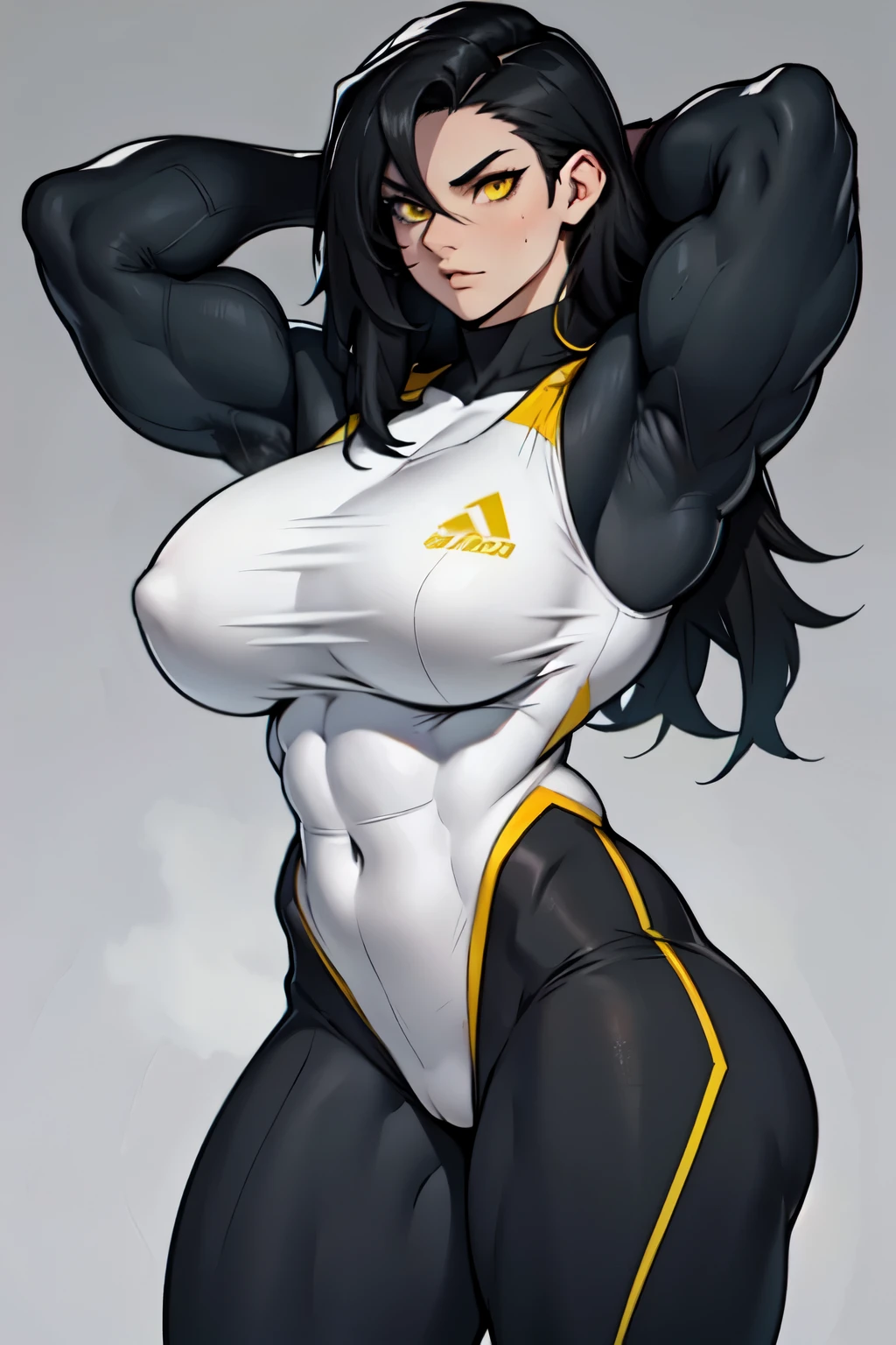 girl (1girl muscular grey background pale skin bodybuilder) toned body huge breasts thin waist black hair yellow eyes straight hair sweaty hair between eyes skintight