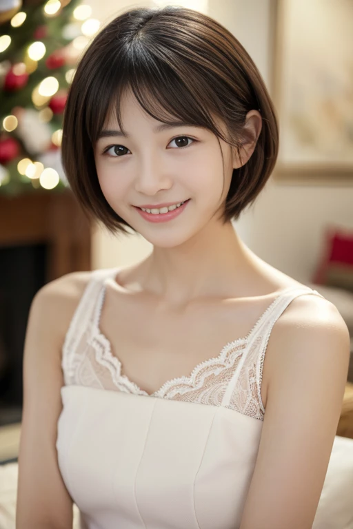 (((​masterpiece))), 超A high resolution, Realistic, ultra-detailliert, 8K,top-quality, Extremely detailed, Detailed background,in 8K、life-like、((1 persons))、 (Japan beautiful girl, Pure and innocent，kawaii, 14years) ，A slender,very beautiful japanese girl、(Boyish short-haired :1.4)，gorgeous white ruffle lace dress、正確な指Beautiful collarbone，Detailed face:1.3), (a baby face，kawaii系,愛くるしい14years), (Perfect body:1.1)，thin shoulders，laugh very loud,Face the front with a smile，appreciate、Beautiful collarbone，thin arm,((accurate hands without incongruity，Precise feet without discomfort))、Bright interior、Christmas atmosphere、Warm fireplace，Happy Space，Give a gift