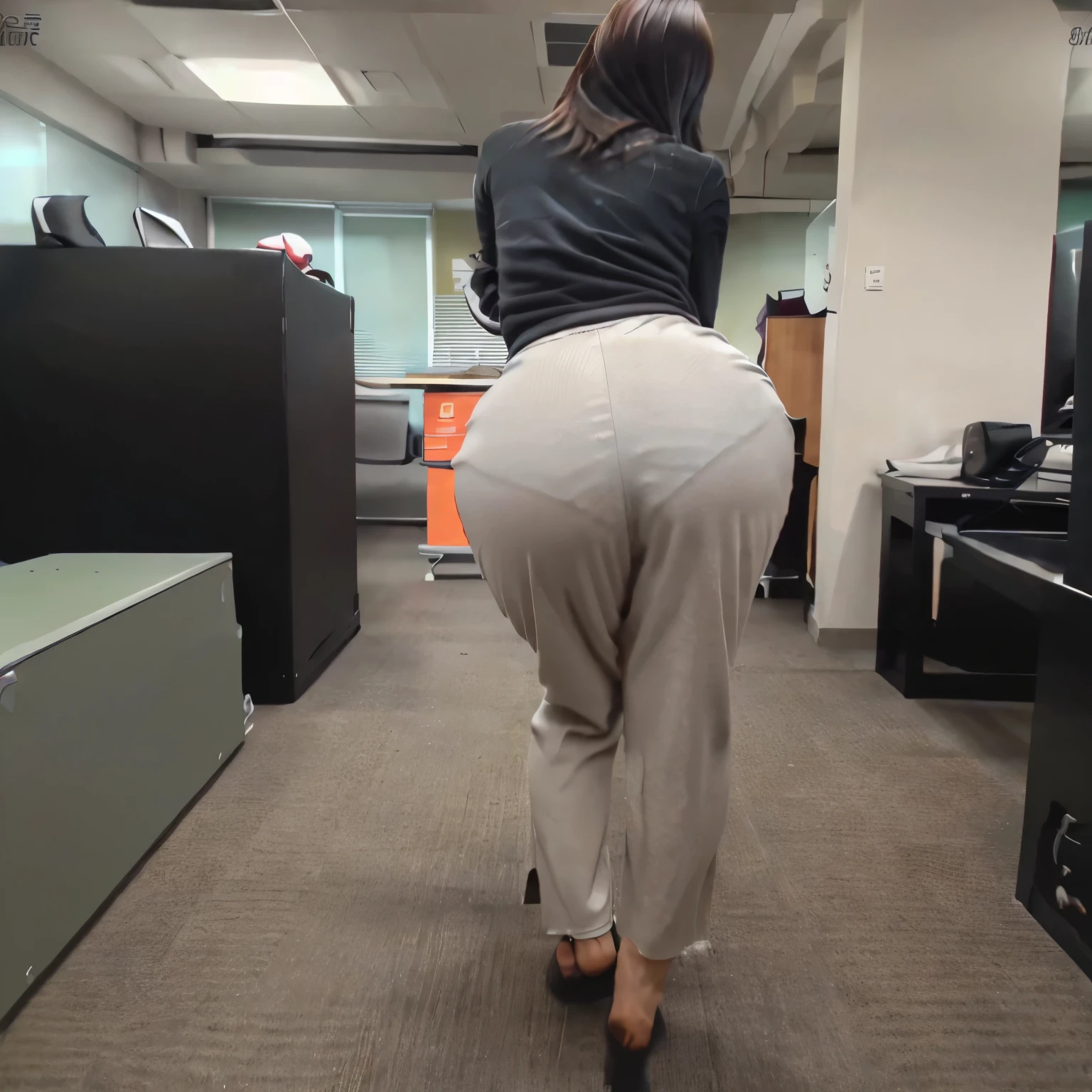 (Best quality, 8k, 32k, Masterpiece, UHD:1.2), 1girl, beautiy Japanese woman, narrow waist, grey suit, office lady, suit, pants, from behind, office room, desk, stick out one's buttocks