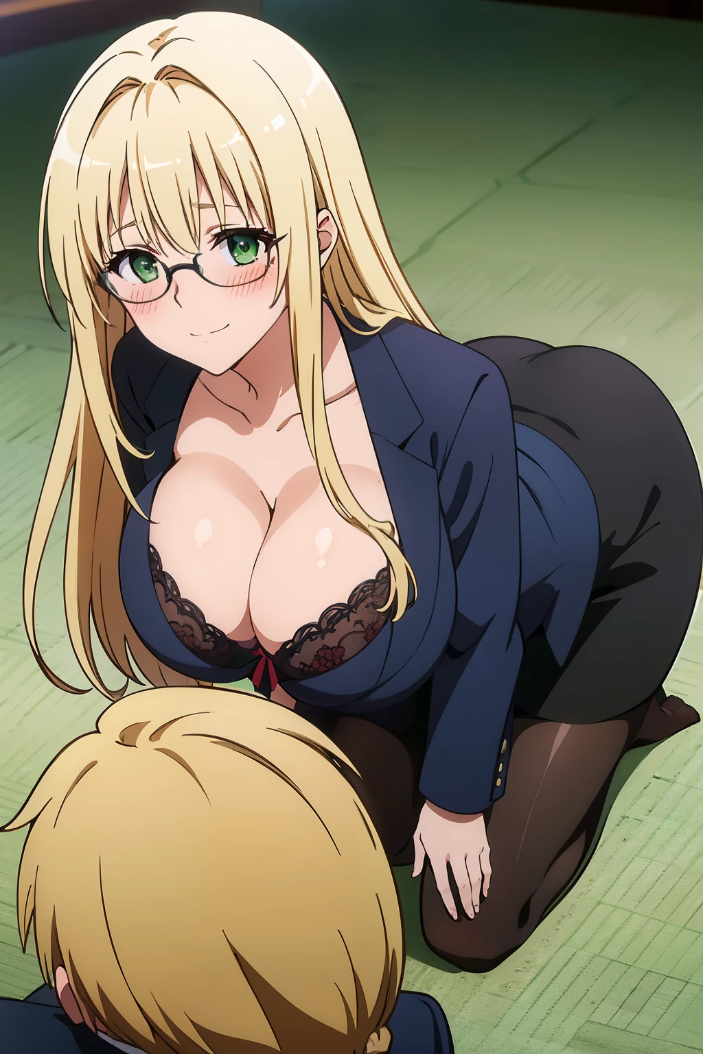 best quality, high resolution, from above, (beige bra:1.2), (huge breasts:1.3), all fours, indoors, cleavage, tearju lunatique, blonde hair, green eyes, (hair intakes), long hair, low-tied long hair, glasses, blush, embarrassed, smile, business suit, formal, jacket, pantyhose, pencil skirt, skirt, skirt suit, suit, thighhighs, black suit, black jacket, black skirt