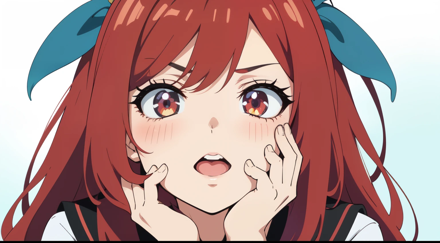 A girl with red hair, bright eyes like an anime, Anime Waifu, retro 80s, hand on her face, sexy face, moaning with a red face, sideways looking at the screen, Anime Girl from the Future, 2D Anime.