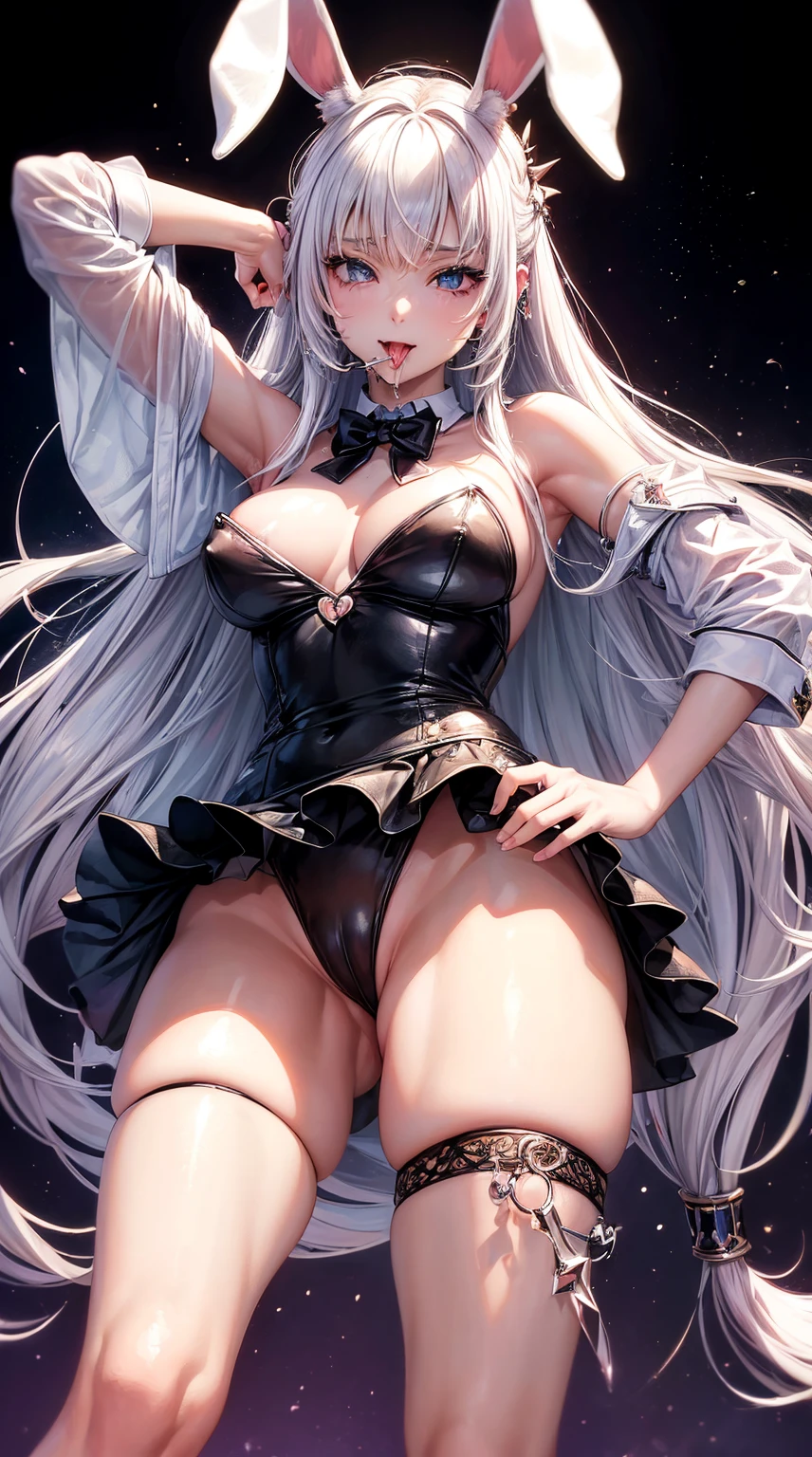 (tmasterpiece, quality, Best quality at best, offcial art, Beautiful and beautiful:1.2)Rabbit ears,Stocking legs,,Nipple studs,Tongue Stud,Pop the juice,mouth drool,,adolable,long whitr hair,