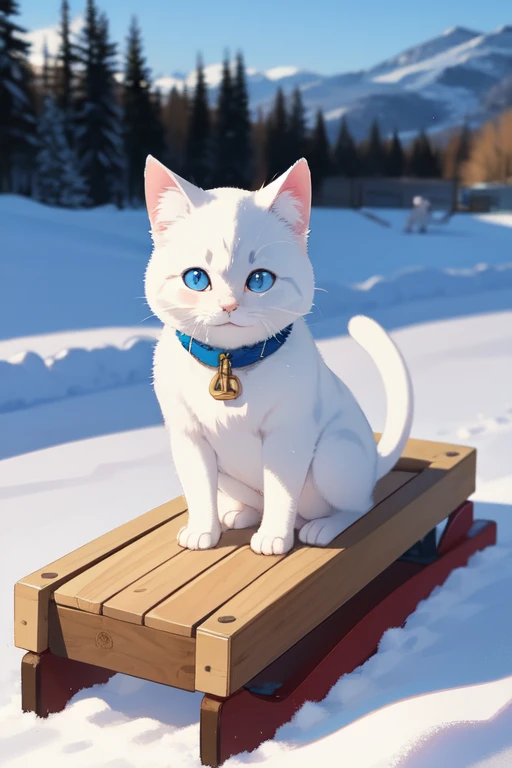 Gibli style kitten, white furr, blue eyes, on a sledge, snow, hill, winter