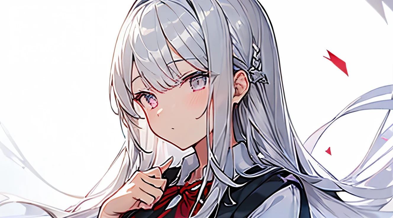 ((a closeup)),(School Uniforms:1.4),, Five Fingers,a beauty girl,((Silvery hair))、(((((silver eye))))、Long hair、Red ribbons