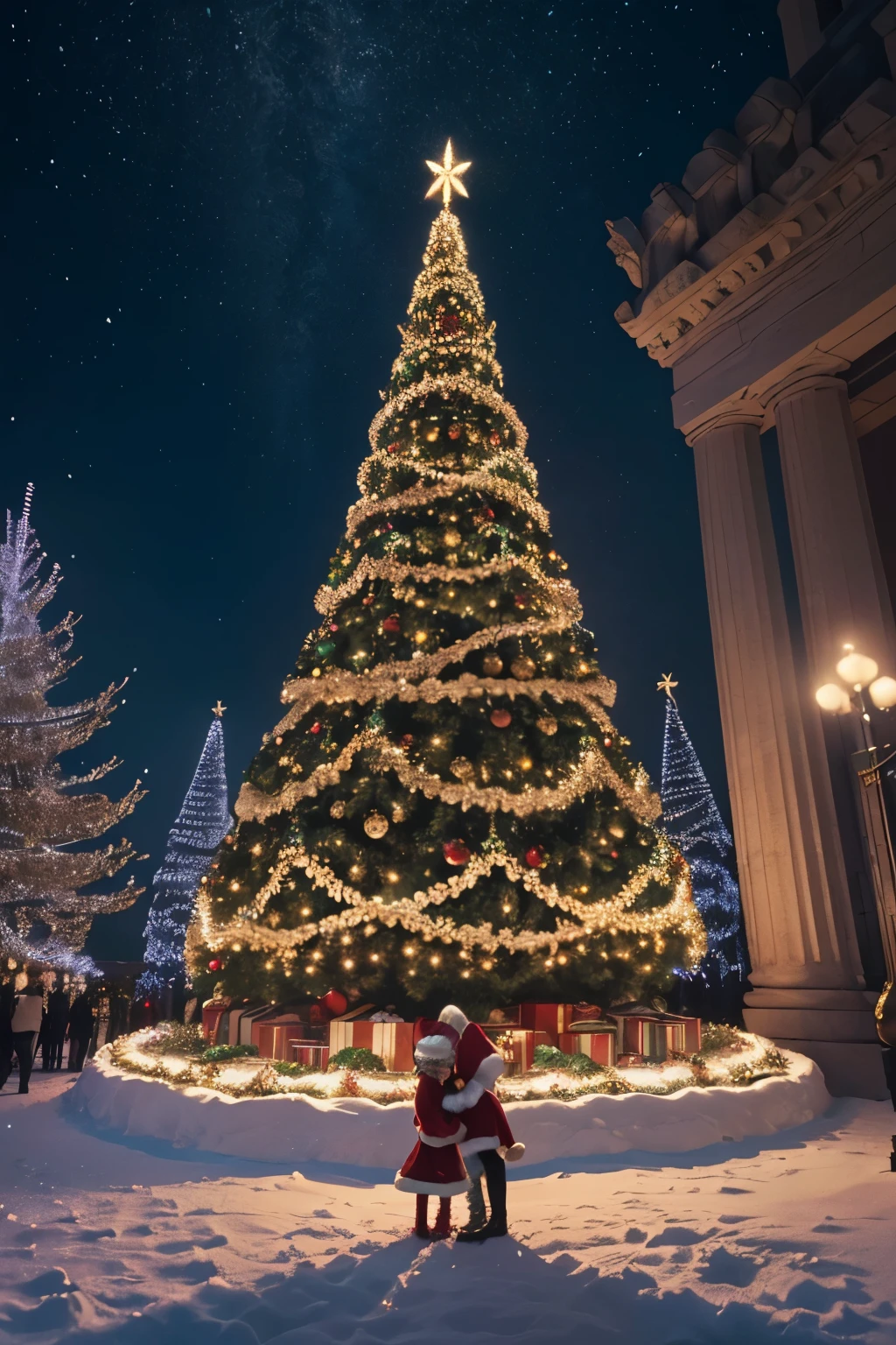 (the) largest Christmas tree in the world, (best quality, 4k, 8k, highres, masterpiece:1.2), ultra-detailed, (realistic, photorealistic, photo-realistic:1.37), sparkling ornaments, (glowing, shimmering, twinkling) lights, (festive, joyful) atmosphere, (snow-covered, winter wonderland) scenery, (colorful, vibrant) decorations, (beautifully decorated, meticulously adorned) branches, (majestic, towering) presence, (impressive, grand) height, (breathtaking, awe-inspiring) scale, (magnificent, splendid) star topper, (cheerful, happy) families, (excited, awe-struck) children, (merry, joyful) celebrations, (festive, holiday) spirit, (warm, cozy) glow, (multicolored, rainbow-colored) lights, (glistening, glittering) ornaments, (delicate, intricate) garlands, (peaceful, serene) atmosphere, (jolly, beaming) Santa Claus, (laughter-filled, joyous) gatherings