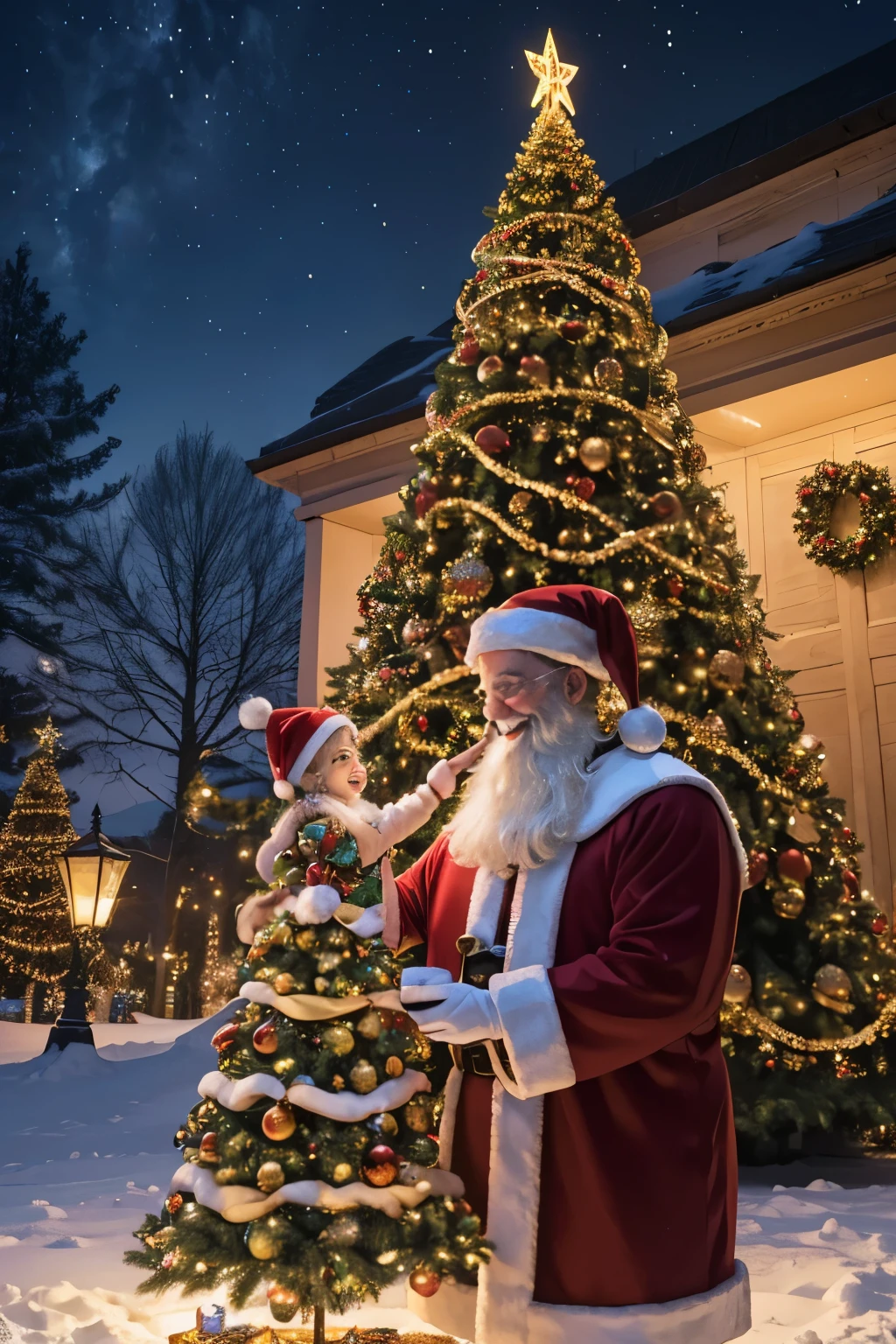 (the) largest Christmas tree in the world, (best quality, 4k, 8k, highres, masterpiece:1.2), ultra-detailed, (realistic, photorealistic, photo-realistic:1.37), sparkling ornaments, (glowing, shimmering, twinkling) lights, (festive, joyful) atmosphere, (snow-covered, winter wonderland) scenery, (colorful, vibrant) decorations, (beautifully decorated, meticulously adorned) branches, (majestic, towering) presence, (impressive, grand) height, (breathtaking, awe-inspiring) scale, (magnificent, splendid) star topper, (cheerful, happy) families, (excited, awe-struck) children, (merry, joyful) celebrations, (festive, holiday) spirit, (warm, cozy) glow, (multicolored, rainbow-colored) lights, (glistening, glittering) ornaments, (delicate, intricate) garlands, (peaceful, serene) atmosphere, (jolly, beaming) Santa Claus, (laughter-filled, joyous) gatherings