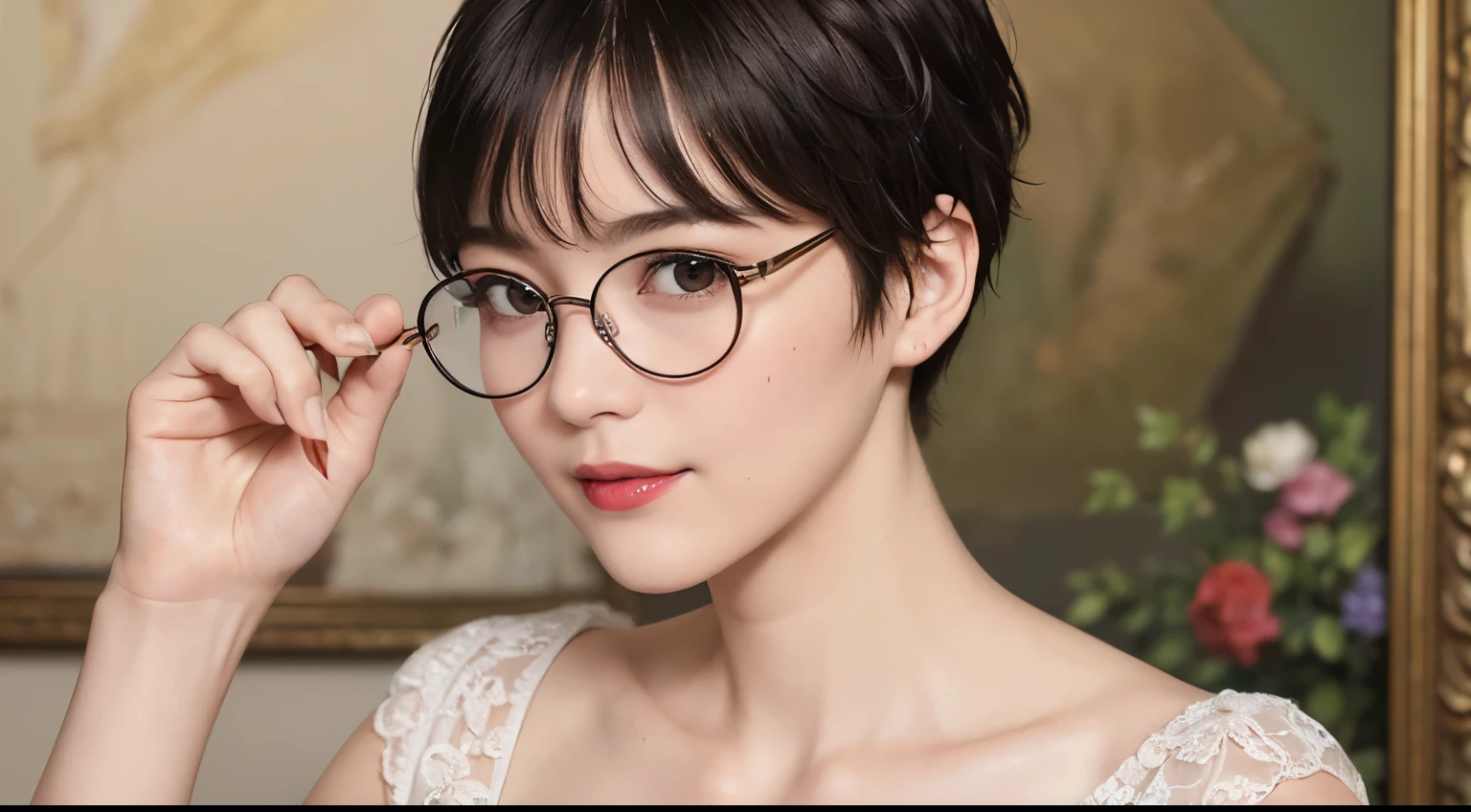 138
(a 20 yo woman,draw a self-portrait), (A hyper-realistic), (high-level image quality), ((beautiful hairstyle 46)), ((short-hair:1.46)), (Gentle smile), (breasted:1.46), (lipsticks), (wears glasses,wide,a room), (florals), (an oil painting、Rembrandt)