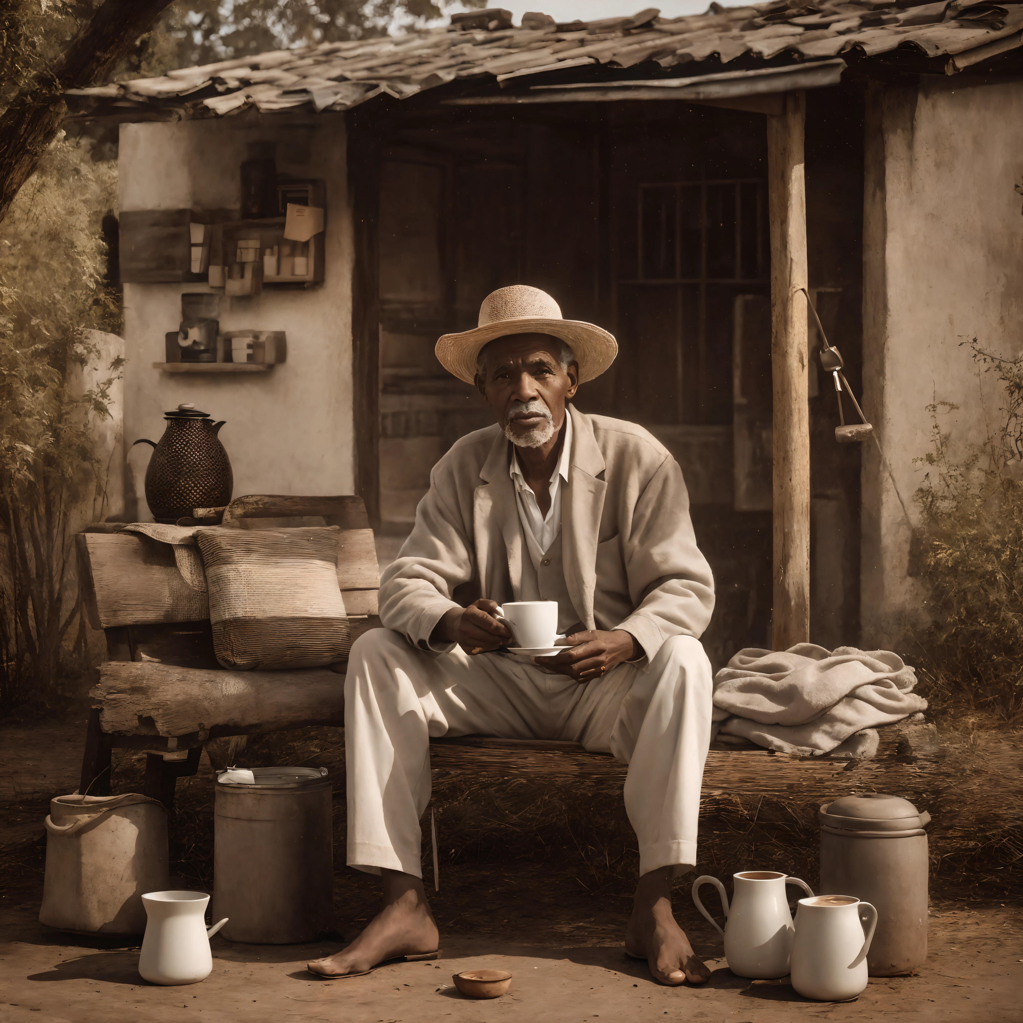 There's a man sitting on a bench with a cup of coffee, Directed by: Matias Weischer, Directed by: Étienne Delessert, Directed by: Guilherme Berra, Directed by: Daniel Gelon, Directed by: Edwin Georgi, old man, afternoon time, homem bonito, beautiful man, Retrato de um velho, Homem africano, por John Alexander, portrait of morning coffee, Directed by: Jan Kupecky