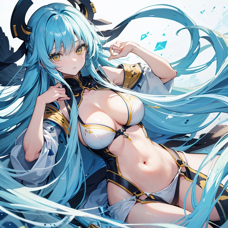 Long hair, light blue hair, yellow eyes, mid breasts