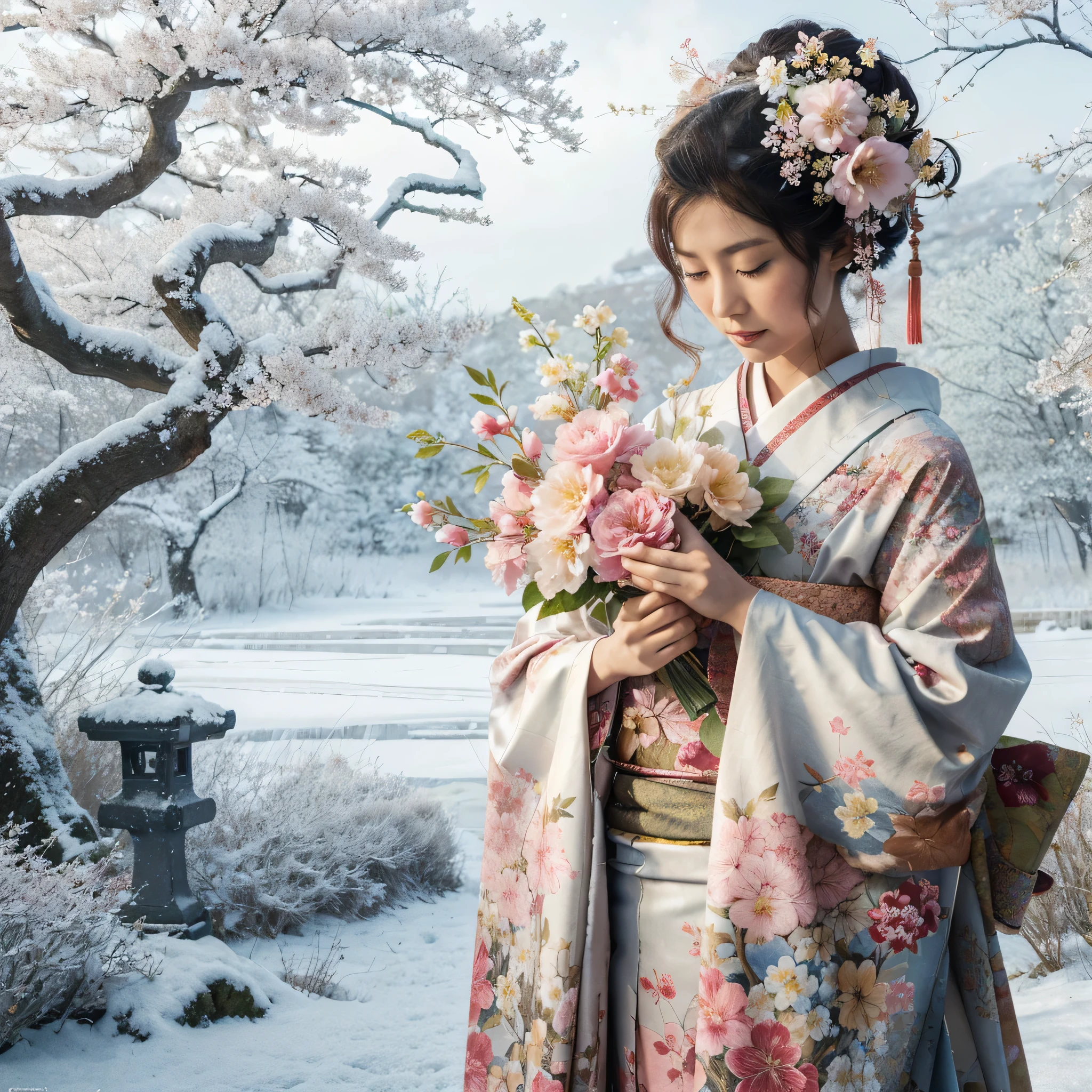 Photo of a Japanese woman in a cherry blossom kimono. Background is a wintry landscape with bare trees. She holds fresh flowers in her hands and wears flowers in her hair. Photorealistic.