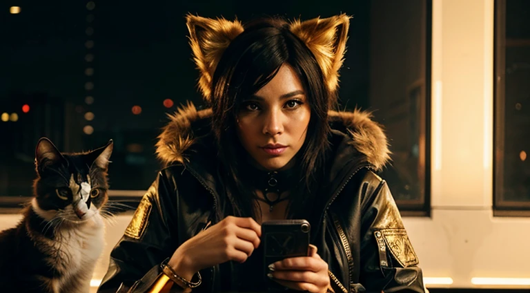 furry cat with golden fur wearing a cyberpunk outfit