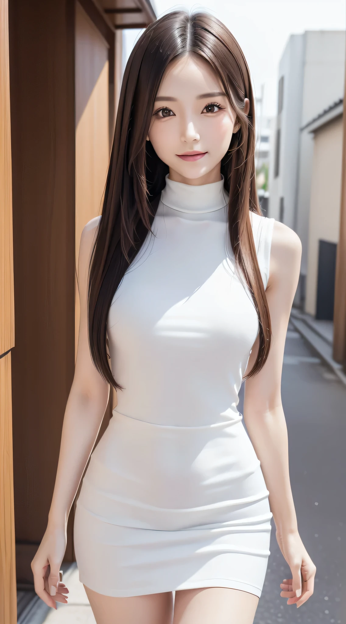 1 girl, solo, most beautiful artwork photo in the world, complex, high detail, sharp focus, dramatic, {{{very short torso}}}, very short torso, very long legs, {{{very large breasts}}}, thin waist, small buttocks, {{{{cleavage}}}, collarbone, white skin, light brown hair, look at the viewer, expressionless, waistshot, 25 years old, sleeveless、{{{white tube micro mini dress}}}、{{{Notched lapel collar}}}、white choker on neck