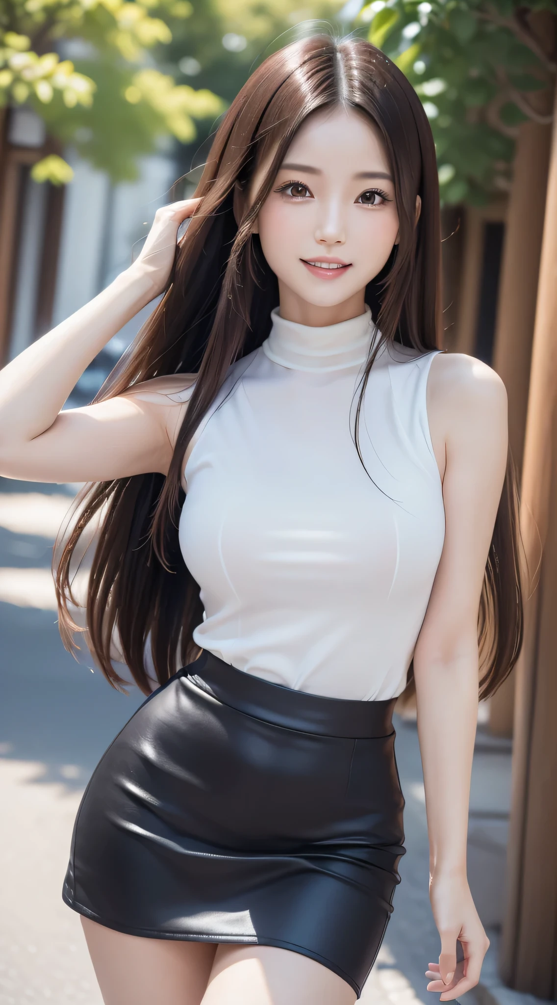 (Best Quality, 32K, nffsw:1.2),(Refreshing smile:1.5),(Look at viewers:1.1),(hide one's hands:2.0),(cute and beautiful Japanese),(straight haired, Long hair, finer hair:1.2), ( High neck sleeveless , tight skirts:1.5), (high-heels;1.3), detailed clothes, ((Perfect female body)), (Narrow waist:1.05), (Bust Up Portrait:1.3), slender, ((Frame the head)), Hair that flutters in the wind, Dynamic Pose, Cinematic Light, Back Light, detailed human body, perfectly proportions, 8K, masutepiece, Best Quality,