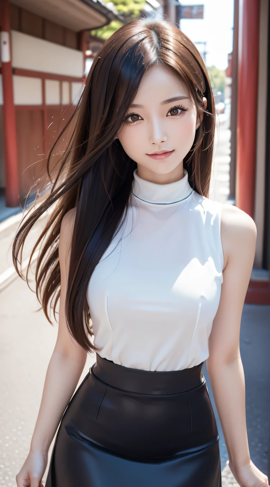 (Best Quality, 32K, nffsw:1.2),(Refreshing smile:1.5),(Look at viewers:1.1),(hide one's hands:2.0),(cute and beautiful Japanese),(straight haired, Long hair, finer hair:1.2), ( High neck sleeveless , tight skirts:1.5), (high-heels;1.3), detailed clothes, ((Perfect female body)), (Narrow waist:1.05), (Bust Up Portrait:1.3), slender, ((Frame the head)), Hair that flutters in the wind, Dynamic Pose, Cinematic Light, Back Light, detailed human body, perfectly proportions, 8K, masutepiece, Best Quality,