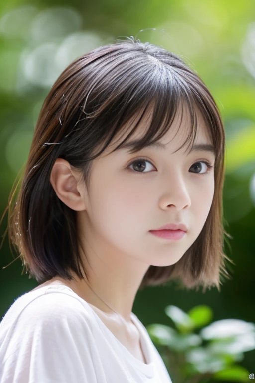 超A high resolution, Realistic, ultra-detailliert, 8K,top-quality, Extremely detailed, Detailed background,in 8K、life-like、((1 persons))、 (Japan beautiful girl, Pure and innocent，kawaii, 14years) ，A slender,very beautiful japanese girl、being hit in the shower、Detailed face:1.3), (Boyish short-haired :1.4), (a baby face，kawaii系,愛くるしい14years), (Perfect body:1.1), posterior view、white t-shirts、turned around、bare shoulders​、wetting hair、wetted skin、water dripping、pov from down、Red face、suprised