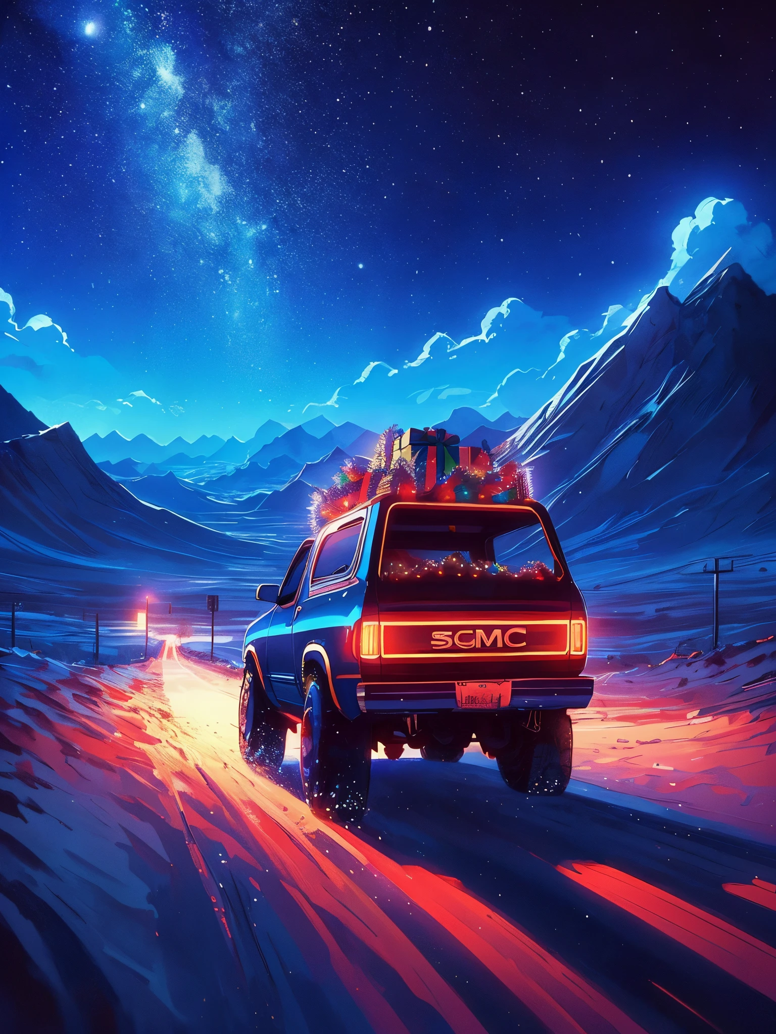 Draw an wide anime lofi scene of christmas ride, GMC syclone passing through desert with christmas lights on roof, blue hour, wide open starry sky, aesthetically beautiful, vibrant saturated colors, beautiful color palette, masterpiece, calm, peaceful, no human, cloudy sky