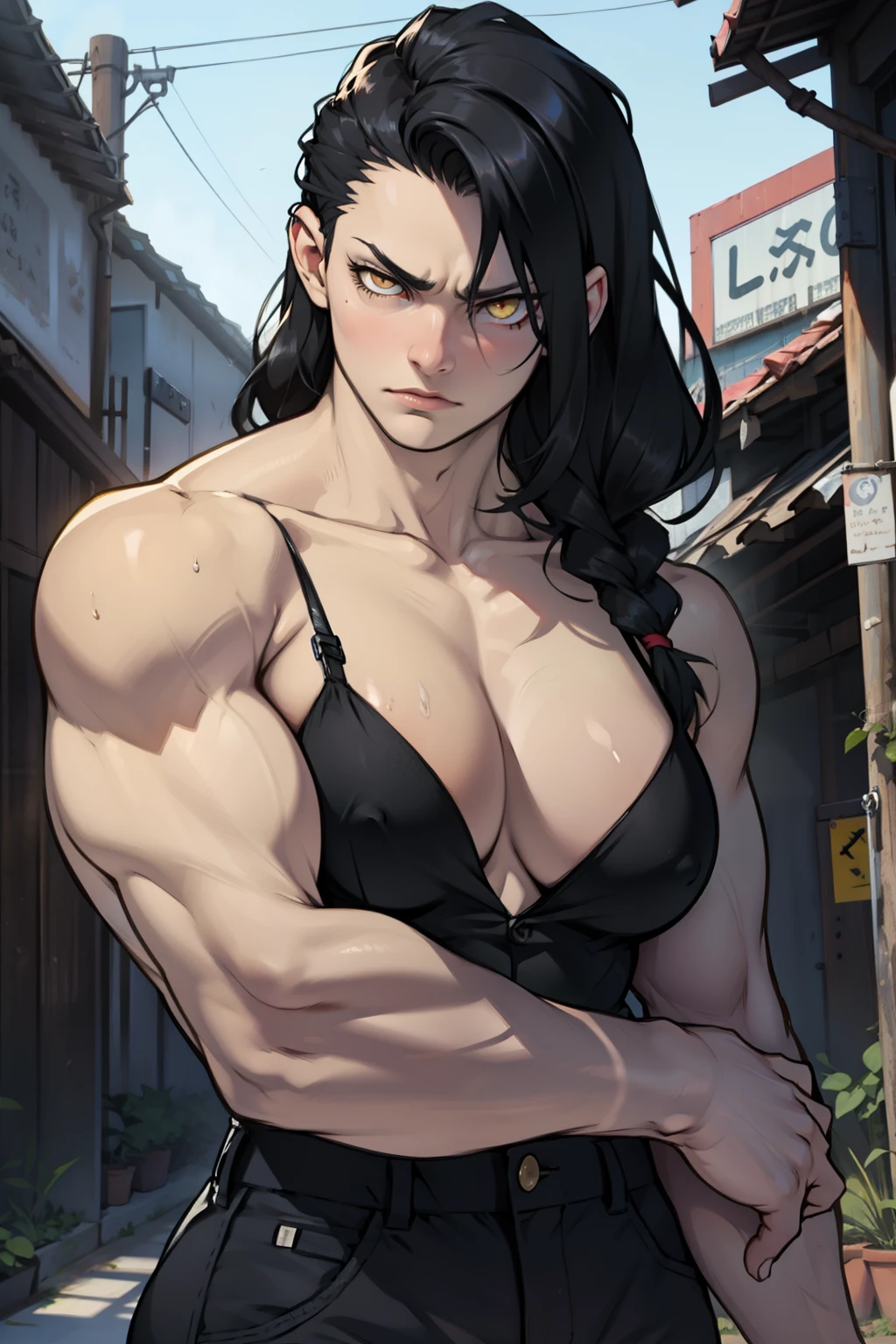 black hair yellow eyes pale skin large breasts muscular girl sad