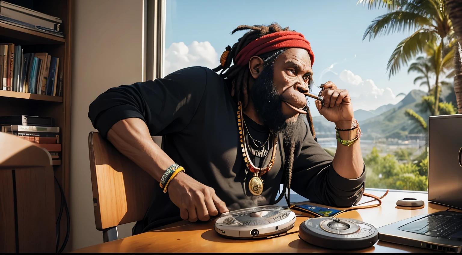 Rasta ape listening to music in a discman, also smoking a joint