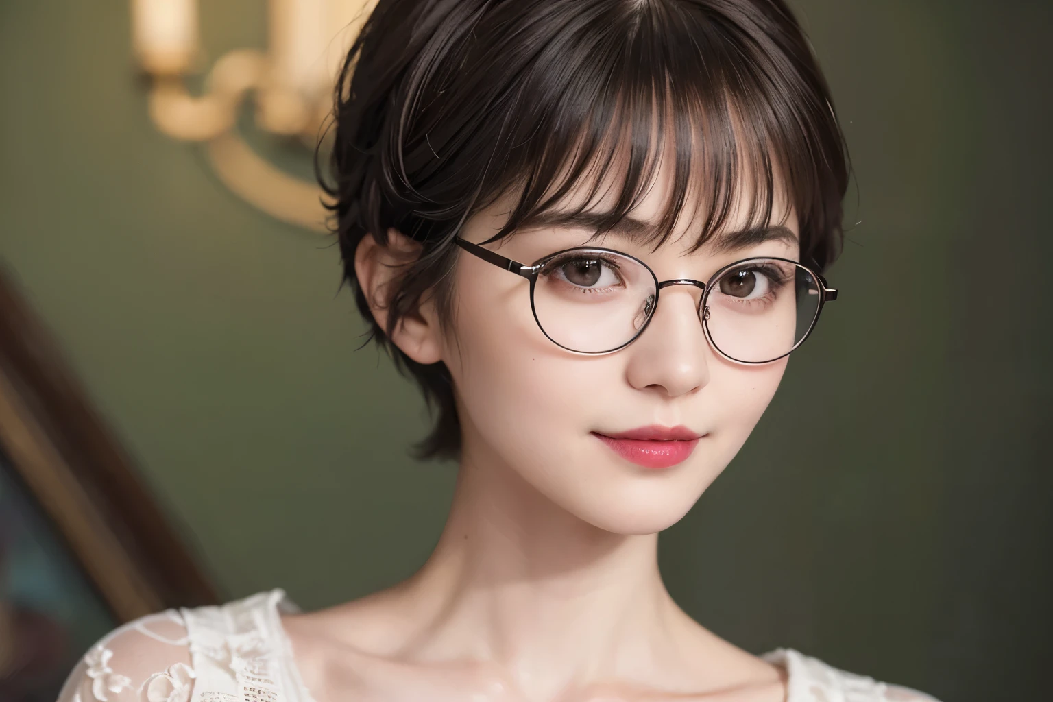 ((highest quality))、(masterpiece:1.4)、RAW Photos、8k、((Best image quality))、 ((Highest Resolution))、Ultra HD Photos、Delicate face、Beautiful face in every detail、Very detailed、(One Woman:1.3)、Realistic、(Cute Woman:1.3)、Berry Short、((boyish))、(Beautiful woman)、(Small face:1.5)、[smile]、(Haircut Model)、(Beauty Salon)、(Hair is set)、compensate、necklace、(Glasses)