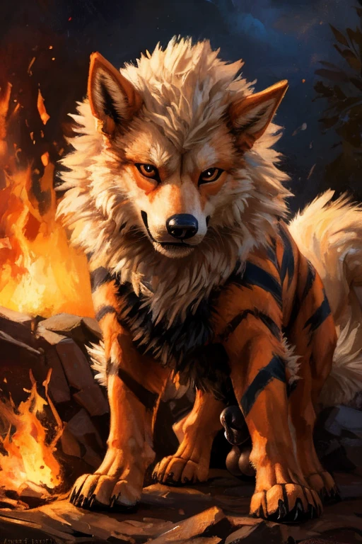 Feral Arcanine with a big knot. Sheath, cock, black knot, balls, animal genitalia, realistic, hyperrealistic, anatomically correct, dominant look, fire, Pokémon, Kenket