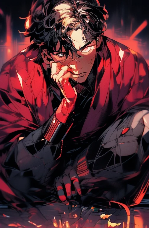 a close up of a person sitting on a floor with a hand on their chin, handsome guy in demon slayer art, kentaro miura manga art style, handsome japanese demon boy, shigenori soejima illustration, demon boy, the sandman from graphic novel, manga style of kentaro miura, 4 k manga wallpaper, akira color palette, with red glowing eyes