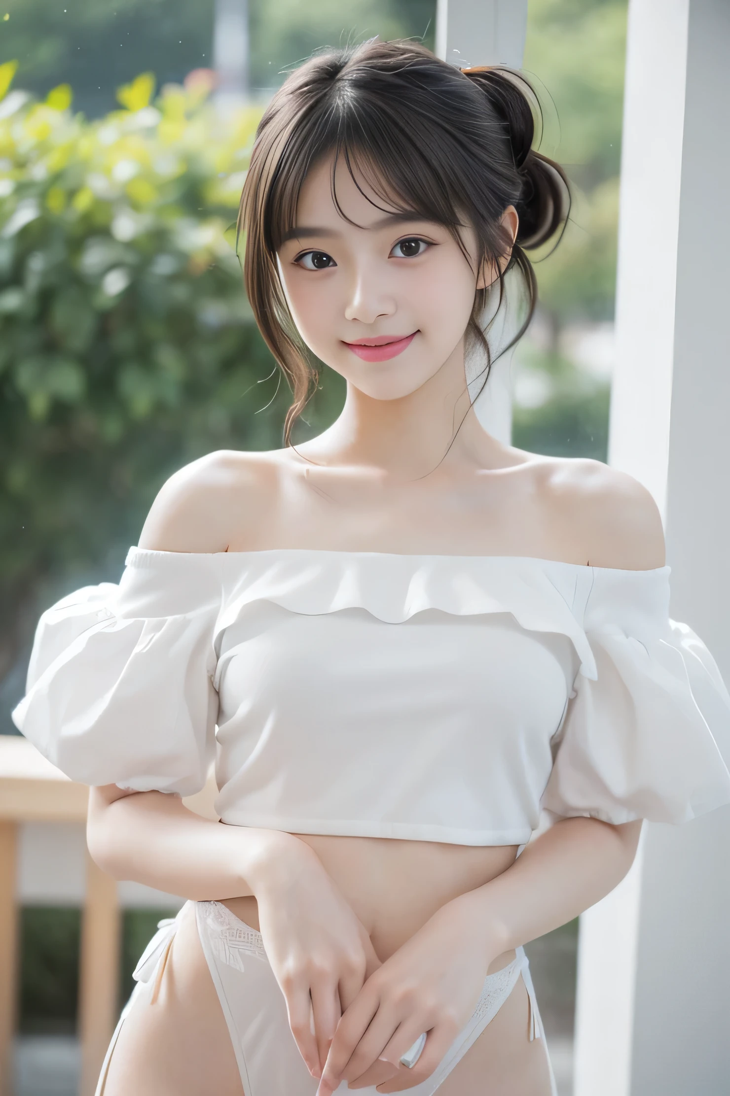 (((masterpiece))), (Two Japan Beautiful Girls, couple focus, classmates, Pure and innocent,kawaii) ,超A high resolution, Realistic, ultra-detailliert, 8K,top-quality, Extremely detailed, Detailed background,A slender,very beautiful japanese girl, Detailed face:1.3), (Boyish short-haired,A dark-haired :1.4), (a baby face,kawaii系,adorable 14 year old girls), (Perfect body:1.1), White Dress, Show your beautiful teeth,Bursting smile, beautiful off shoulder clavicle、Scrunchie,Super Detailed Face、Detailed lips、A detailed eye、small gravure idol,Transparent skin