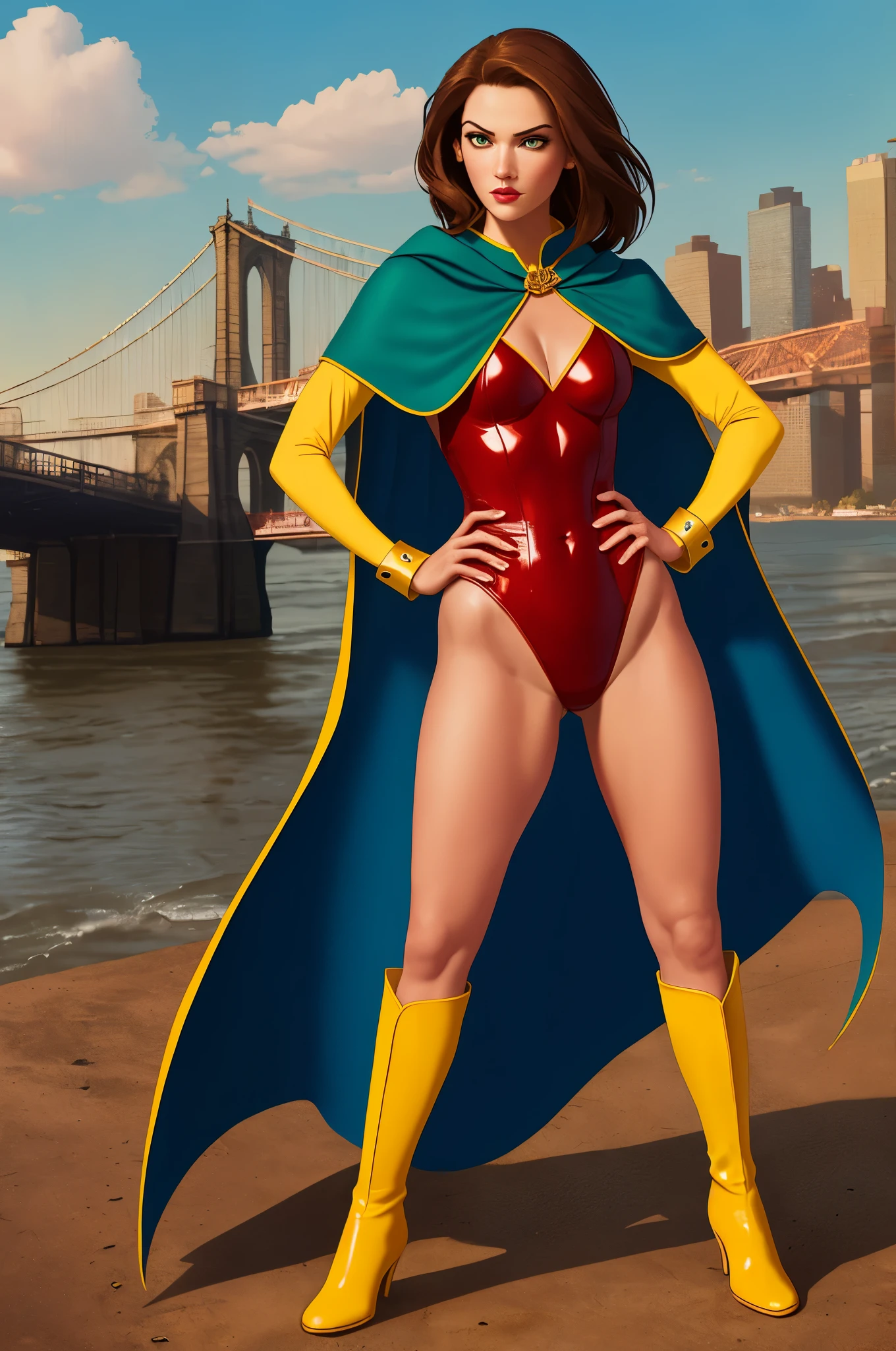 ((best quality)), ((masterpiece)), ((ultra realistic)), (dynamic heroic pose), american, beautiful detailed face, detailed eyes, sexy reporter, ((dressed in a red leotard)), new york city backdrop, highly detailed, professional, bare legs, full body), hands on hip, standing, ((brown hair, medium hair)), green eyes, matching boots, yellow boots, ((long sleeves, blue sleeves, yellow cuffs)), yellow hawk-shaped crest engraved on chest, blue cape, cowboy shot, belt