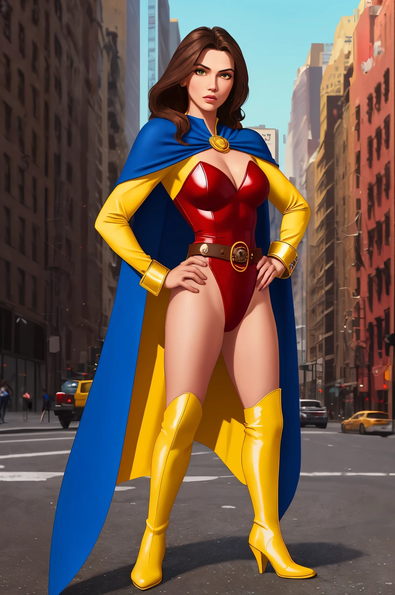 ((best quality)), ((masterpiece)), ((ultra realistic)), (dynamic heroic pose), american, beautiful detailed face, detailed eyes, sexy reporter, ((dressed in a red leotard)), new york city backdrop, highly detailed, professional, bare legs, full body), hands on hip, standing, ((brown hair, medium hair)), green eyes, matching boots, yellow boots, ((long sleeves, blue sleeves, yellow cuffs)), yellow hawk-shaped crest engraved on chest, blue cape, cowboy shot, belt