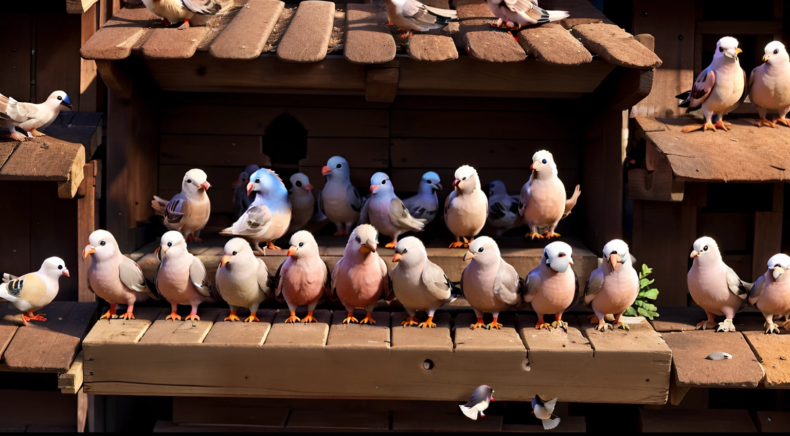 20 pigeons are brooding inside a pigeon loft