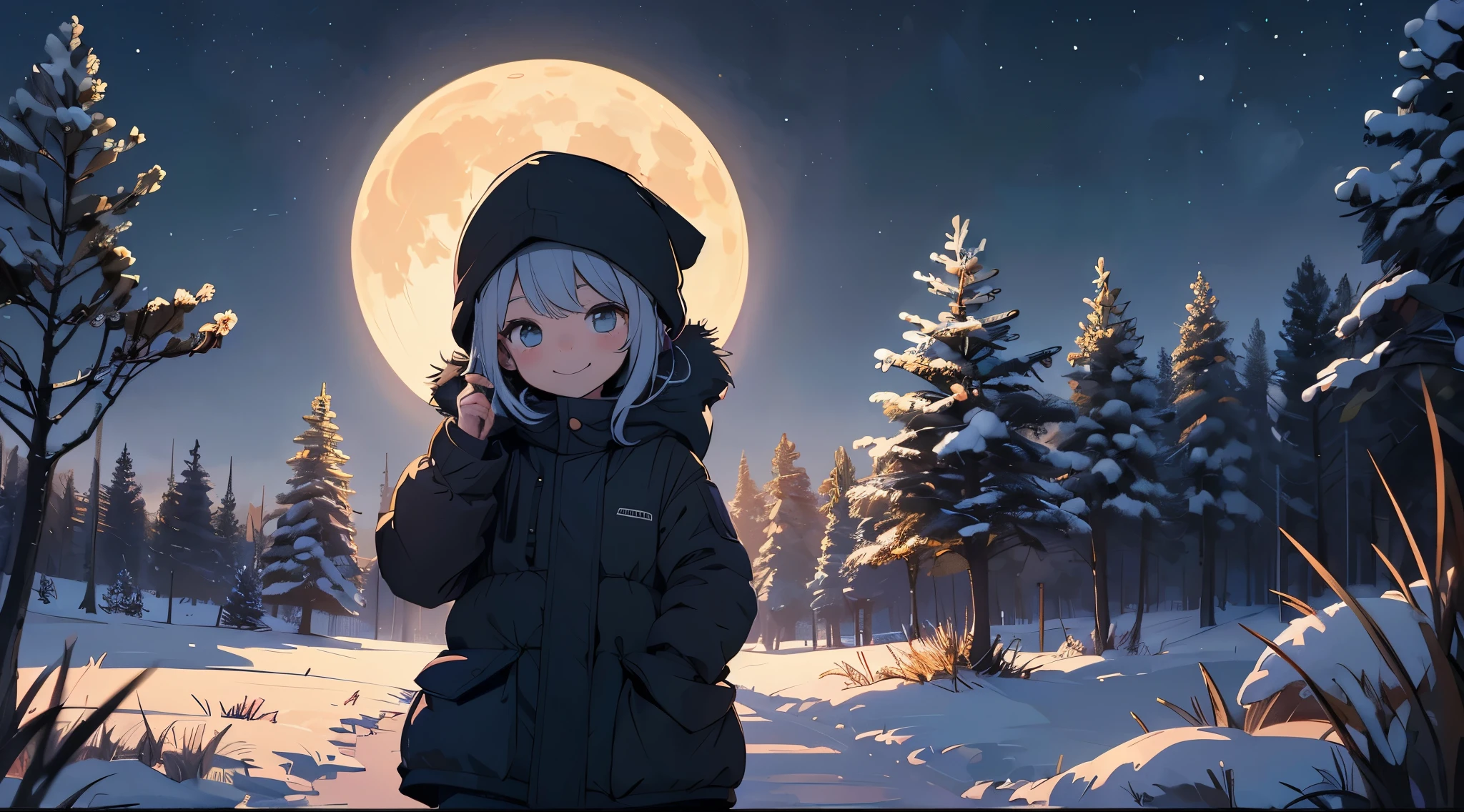 a in the field by woods at night picking up sticks and wearing winter clothe in winter cute young anime girliee high contrast but dark night time dusk twilight full moon in the style of a children story cool color and she is smiling working hard in cutiee ultimate cute cutieness 88k
