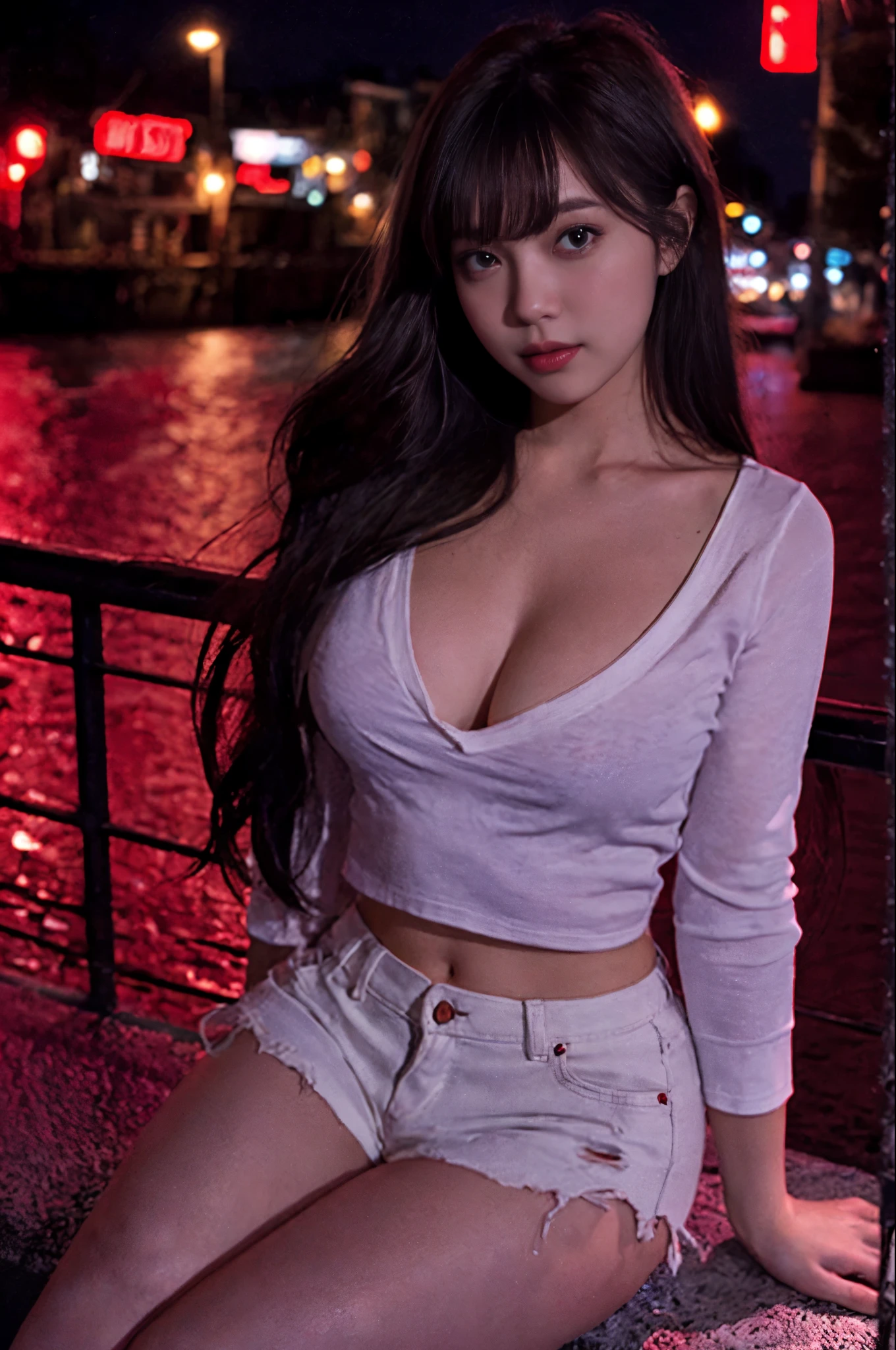 lady, posing seductively to viewer, solo:1, pov, beautiful thick thighs,
red light district background, long hair, 3/4 body, V neck mini hot shorts